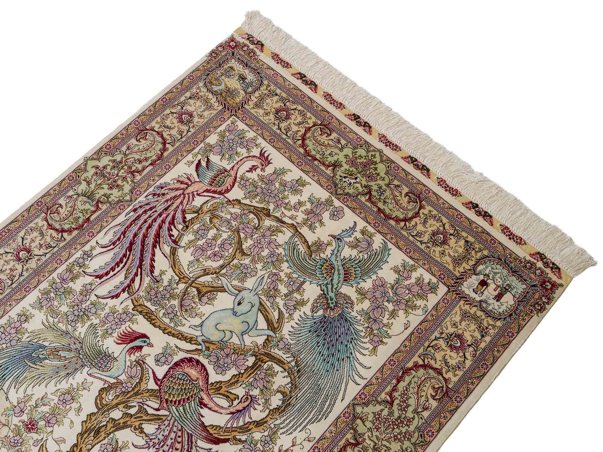 Sehr feiner, handgeknüpfter Khademi Orientteppich mit Ghom Design aus Seide, creme, weiß. 143x94 cm. Vertrieb durch Jupiter Intl.