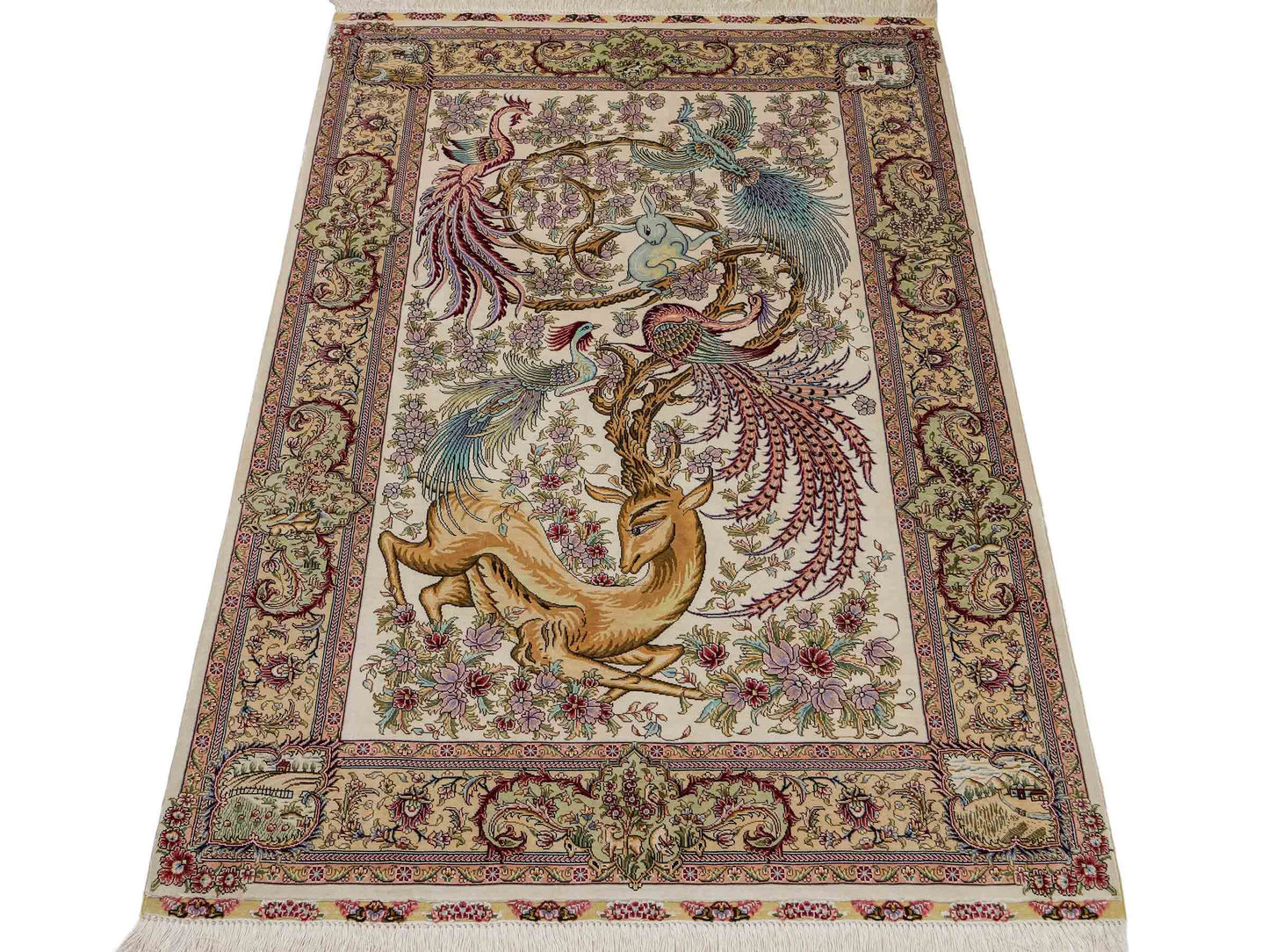 Sehr feiner, handgeknüpfter Khademi Orientteppich mit Ghom Design aus Seide, creme, weiß. 143x94 cm. Vertrieb durch Jupiter Intl.