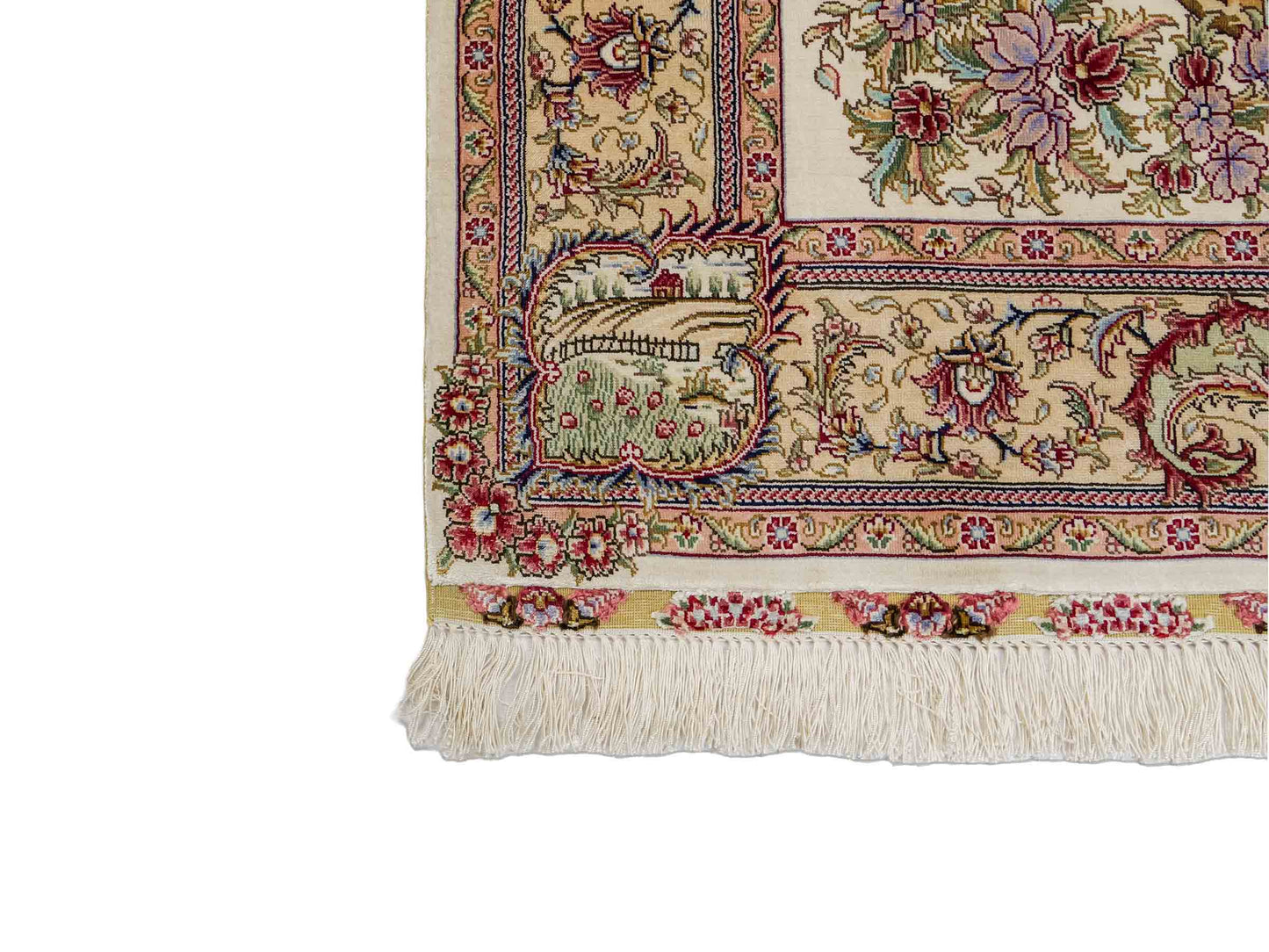 Sehr feiner, handgeknüpfter Khademi Orientteppich mit Ghom Design aus Seide, creme, weiß. 143x94 cm. Vertrieb durch Jupiter Intl.