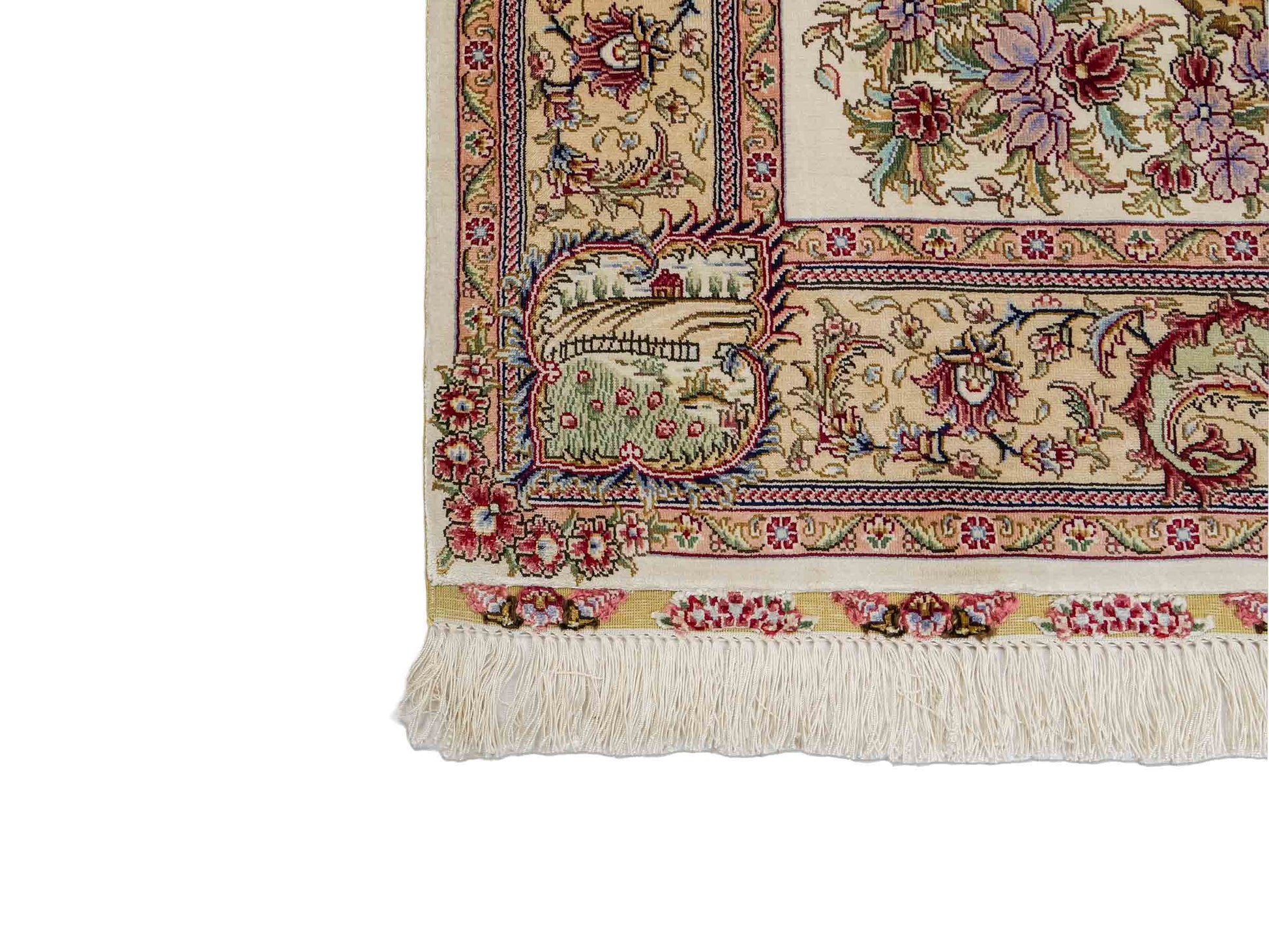 Sehr feiner, handgeknüpfter Khademi Orientteppich mit Ghom Design aus Seide, creme, weiß. 143x94 cm. Vertrieb durch Jupiter Intl.