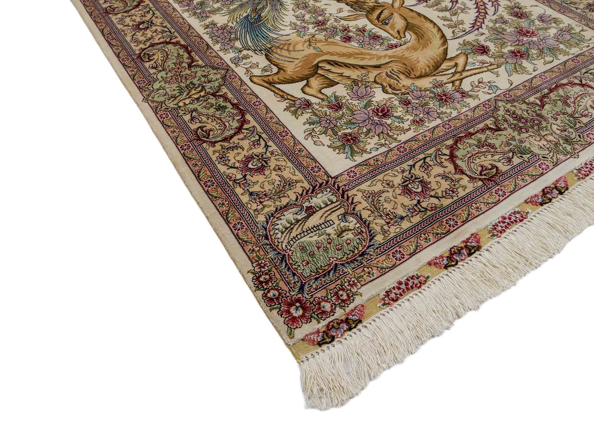 Sehr feiner, handgeknüpfter Khademi Orientteppich mit Ghom Design aus Seide, creme, weiß. 143x94 cm. Vertrieb durch Jupiter Intl.