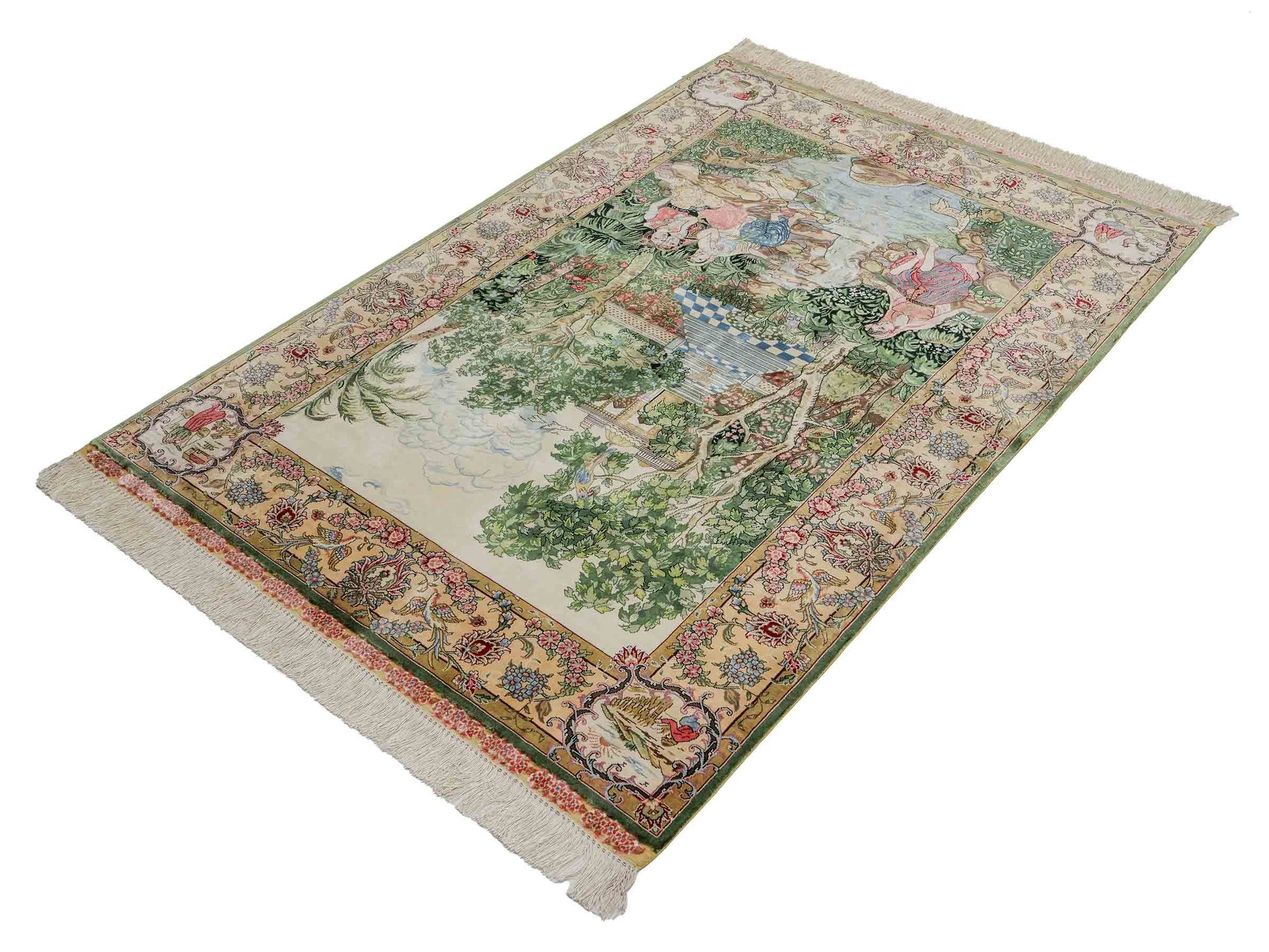 Sehr feiner, handgeknüpfter Khademi Ghom Orientteppich aus Seide, grün. 143x94 cm. Vertrieb durch Jupiter Intl.
