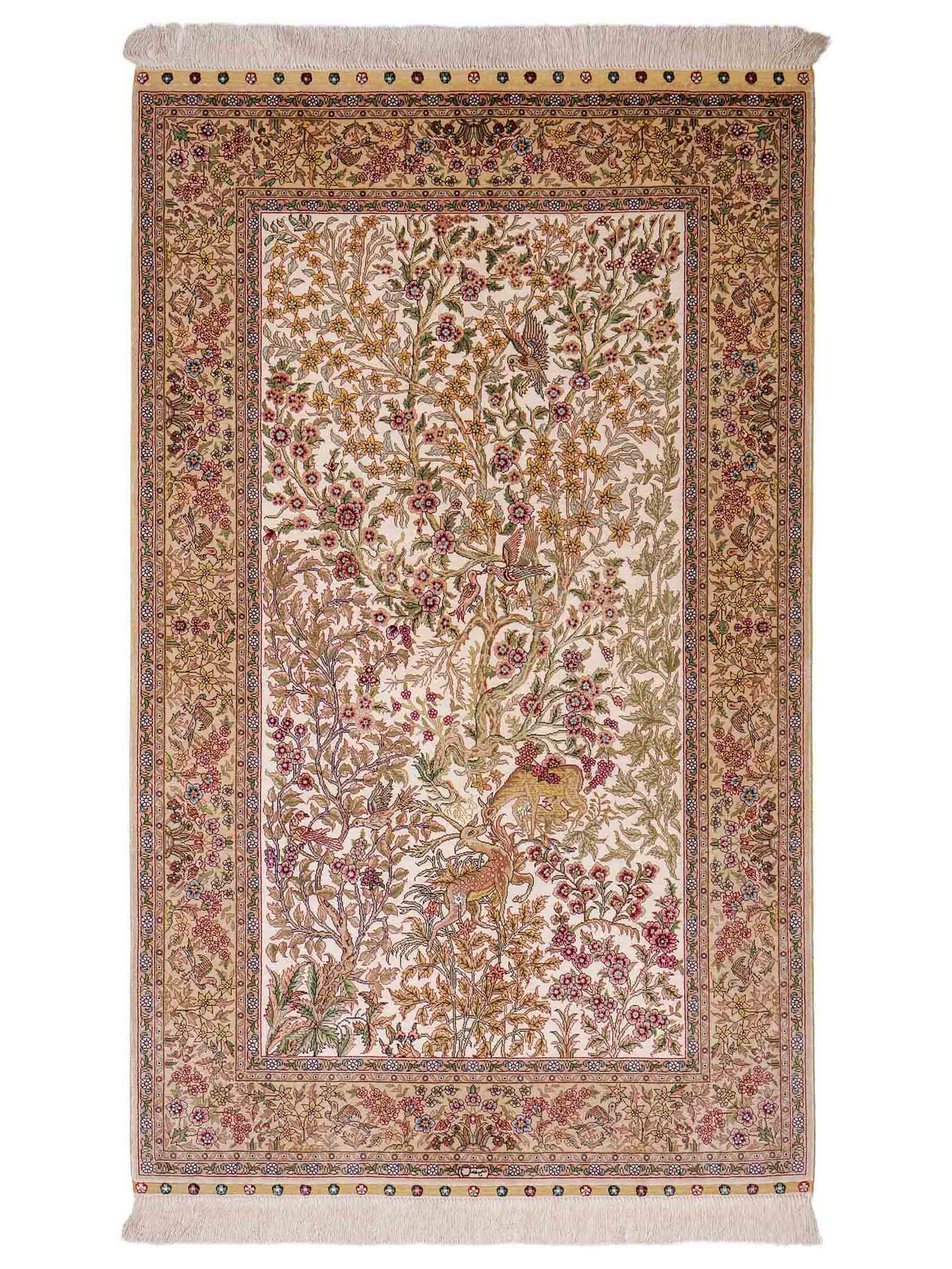 Sehr feiner, handgeknüpfter Khademi Ghom Orientteppich aus Seide, creme. 154x94 cm. Vertrieb durch Jupiter Intl.