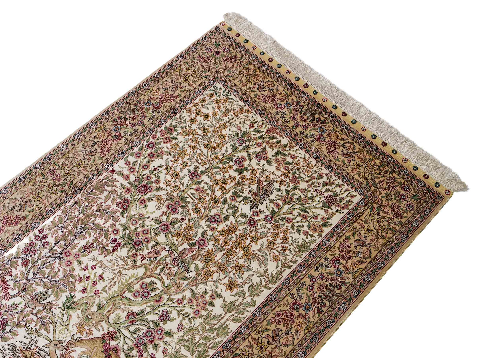 Sehr feiner, handgeknüpfter Khademi Ghom Orientteppich aus Seide, creme. 154x94 cm. Vertrieb durch Jupiter Intl.