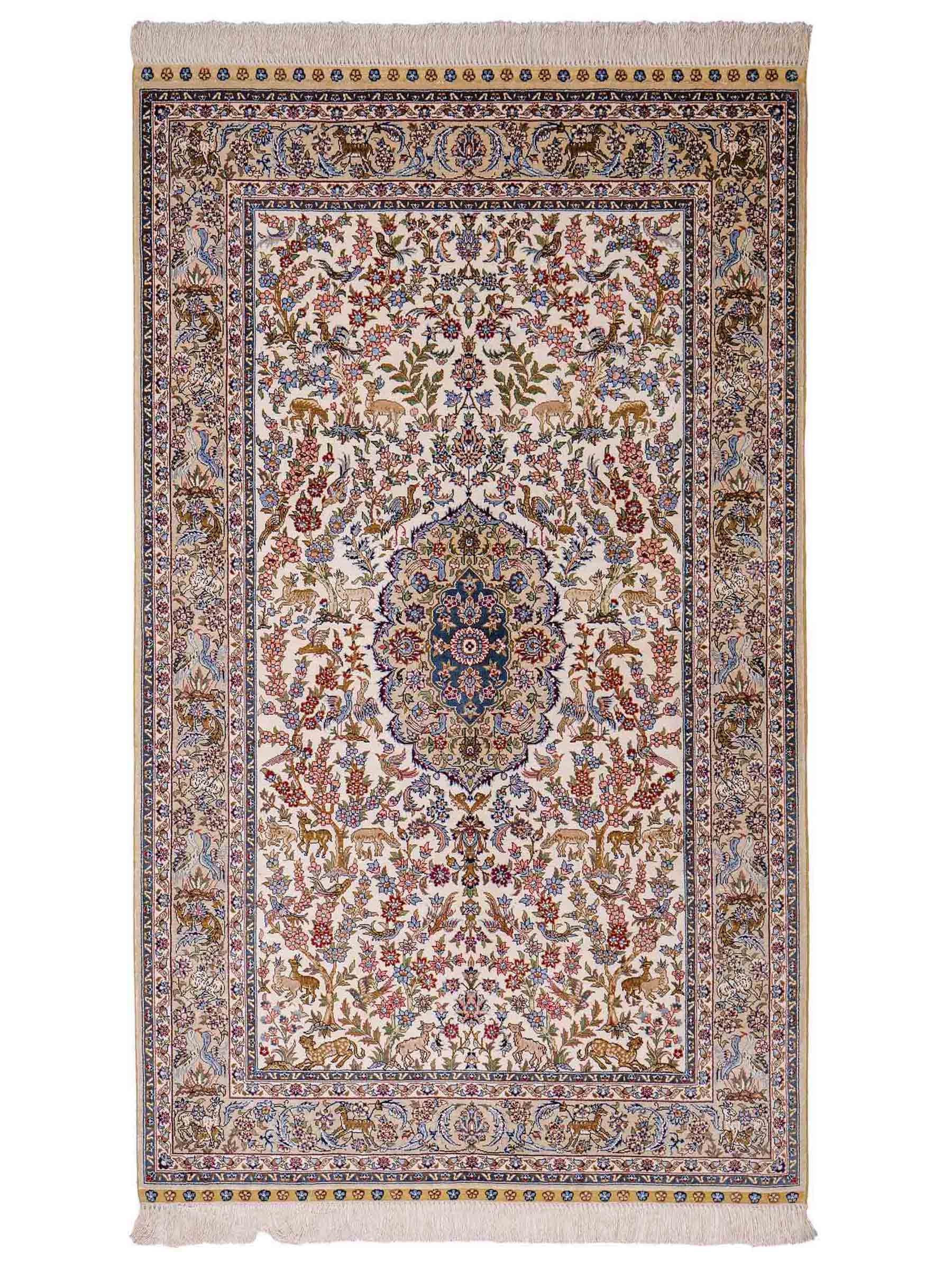 Sehr feiner, handgeknüpfter Khademi Ghom Orientteppich aus Seide, weiß, blau. 154x94 cm. Vertrieb durch Jupiter Intl.