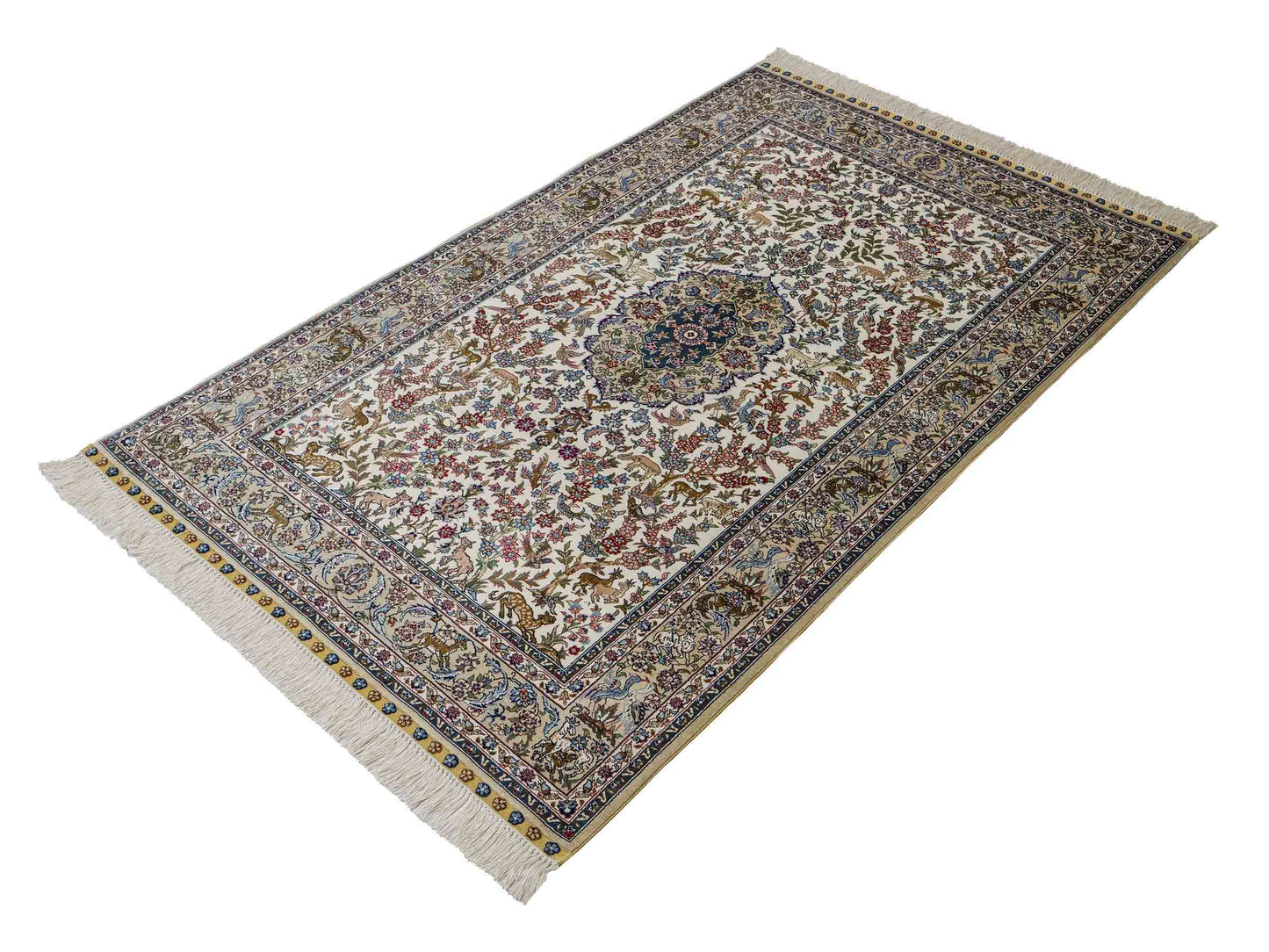 Sehr feiner, handgeknüpfter Khademi Ghom Orientteppich aus Seide, weiß, blau. 154x94 cm. Vertrieb durch Jupiter Intl.