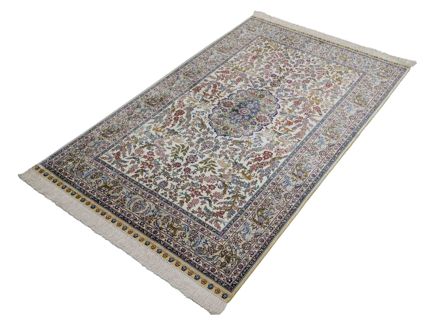Sehr feiner, handgeknüpfter Khademi Ghom Orientteppich aus Seide, weiß, blau. 154x94 cm. Vertrieb durch Jupiter Intl.