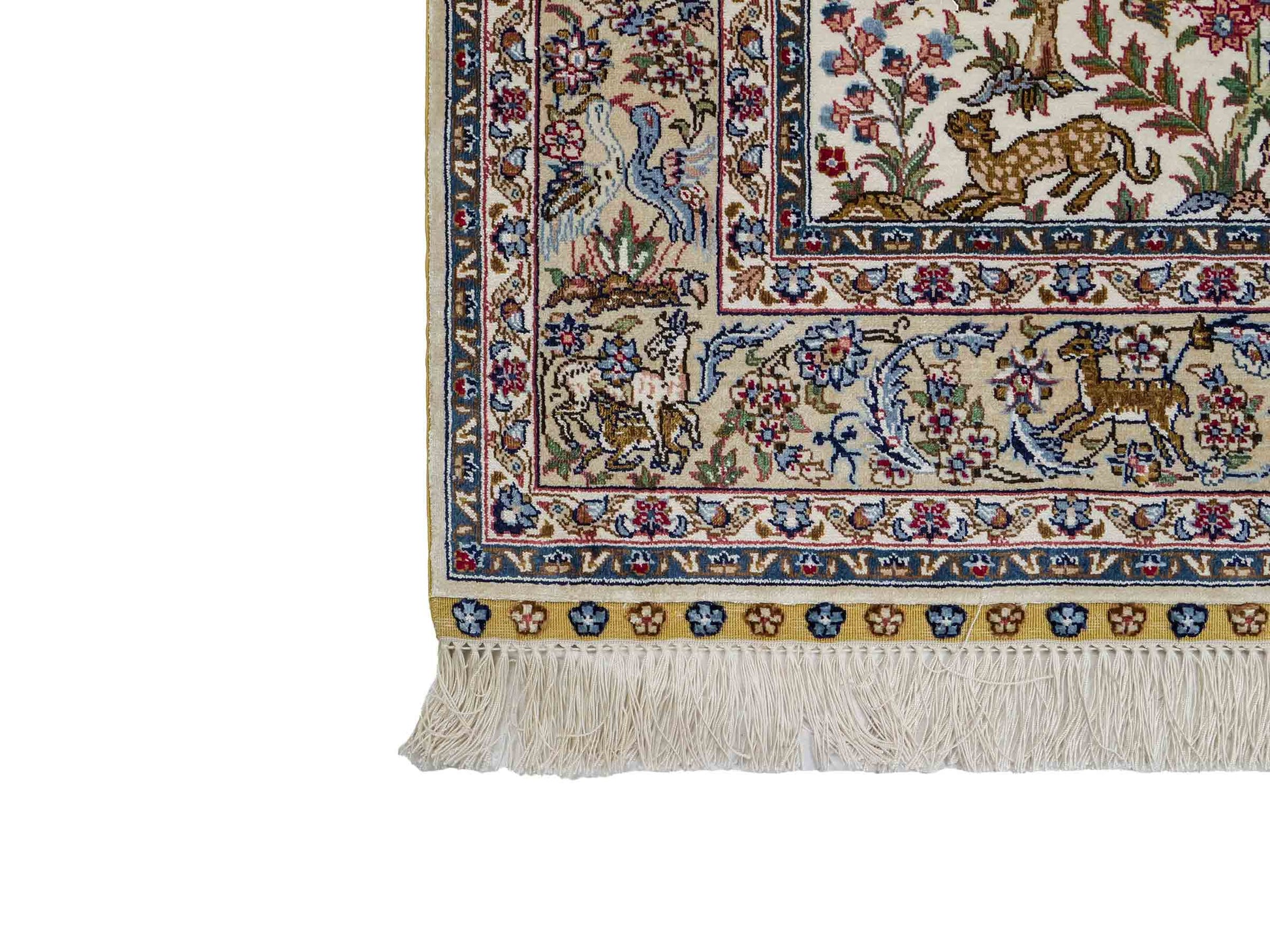 Sehr feiner, handgeknüpfter Khademi Ghom Orientteppich aus Seide, weiß, blau. 154x94 cm. Vertrieb durch Jupiter Intl.