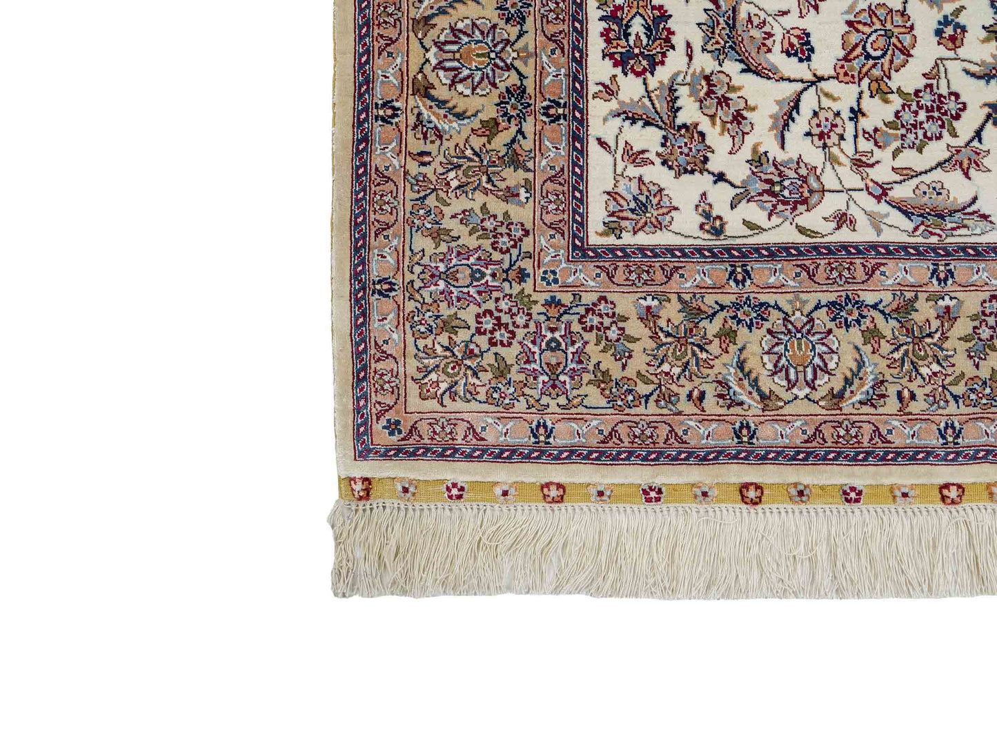 Sehr feiner, hangeknüpfter Khademi Ghom Orientteppich aus Seide, weiß, creme. 154x95 cm. Vertrieb durch Jupiter Inl.