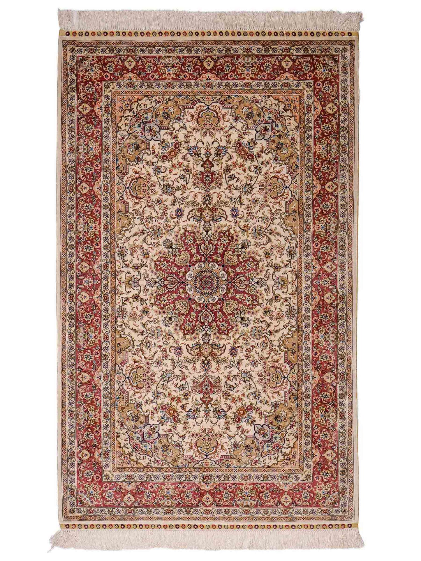 Sehr feiner, handgeknüpfter Khademi Ghom Orientteppich aus Seide, creme, rosa. 154x95 cm. Vertrieb durch Jupiter Intl.
