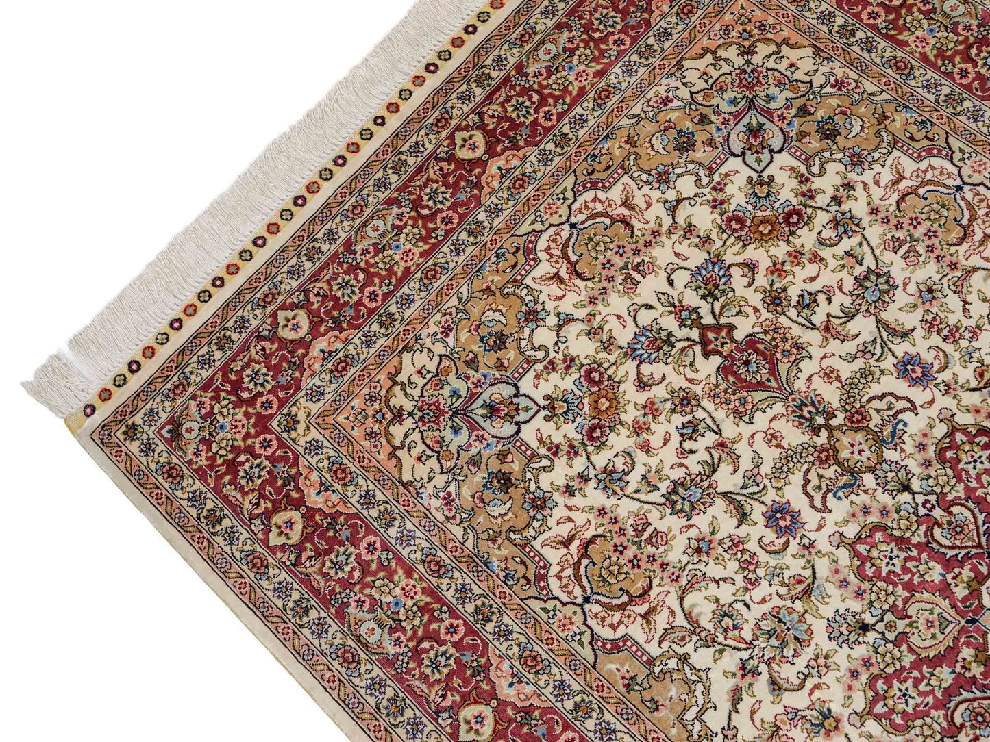 Sehr feiner, handgeknüpfter Khademi Ghom Orientteppich aus Seide, creme, rosa. 154x95 cm. Vertrieb durch Jupiter Intl.