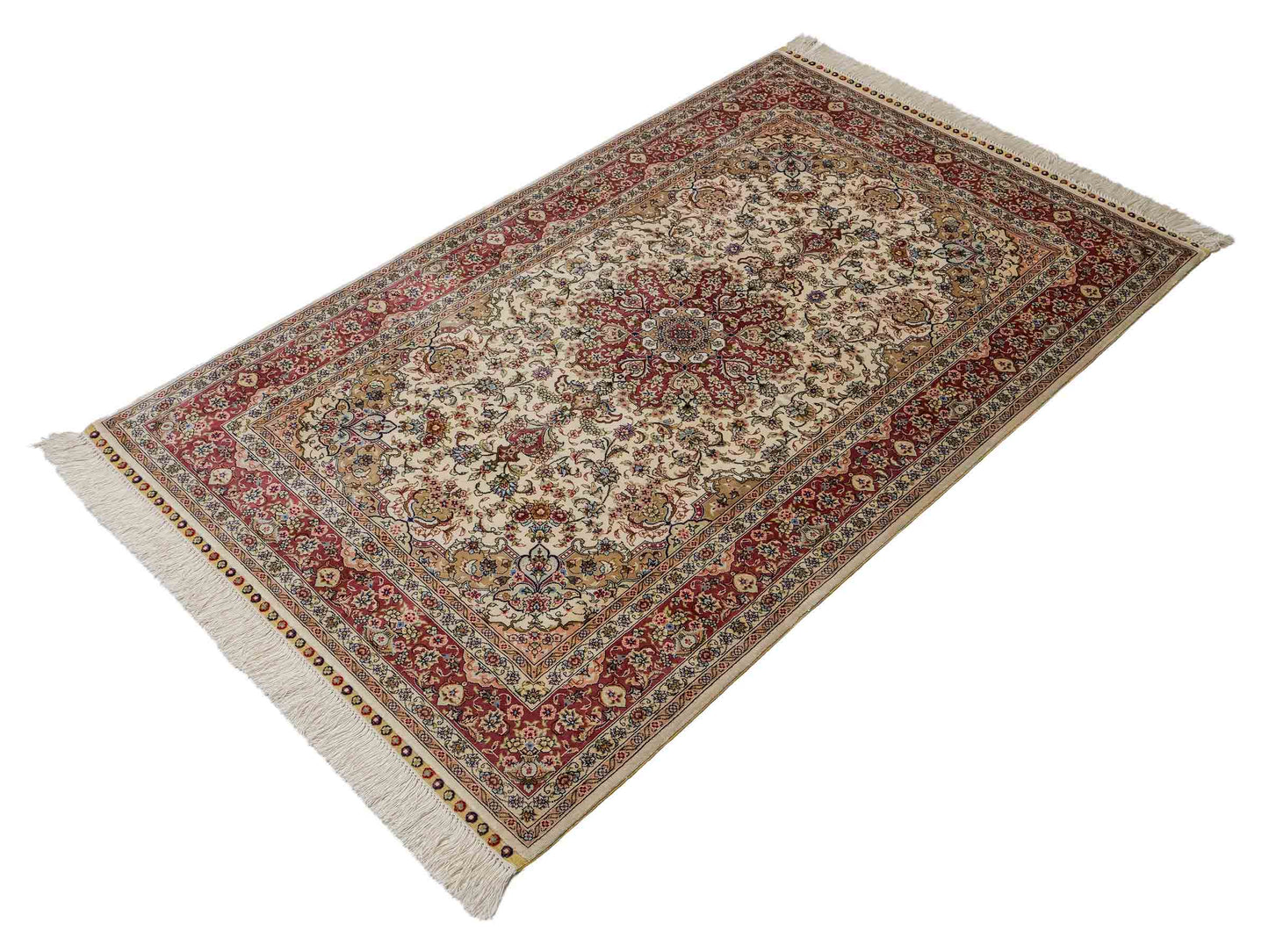 Sehr feiner, handgeknüpfter Khademi Ghom Orientteppich aus Seide, creme, rosa. 154x95 cm. Vertrieb durch Jupiter Intl.