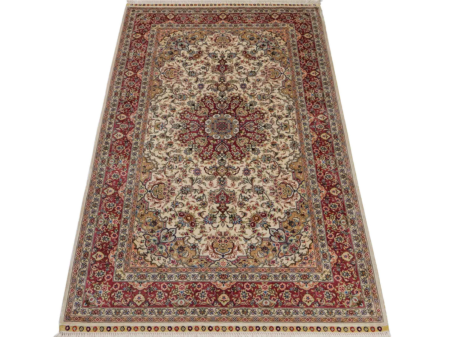 Sehr feiner, handgeknüpfter Khademi Ghom Orientteppich aus Seide, creme, rosa. 154x95 cm. Vertrieb durch Jupiter Intl.