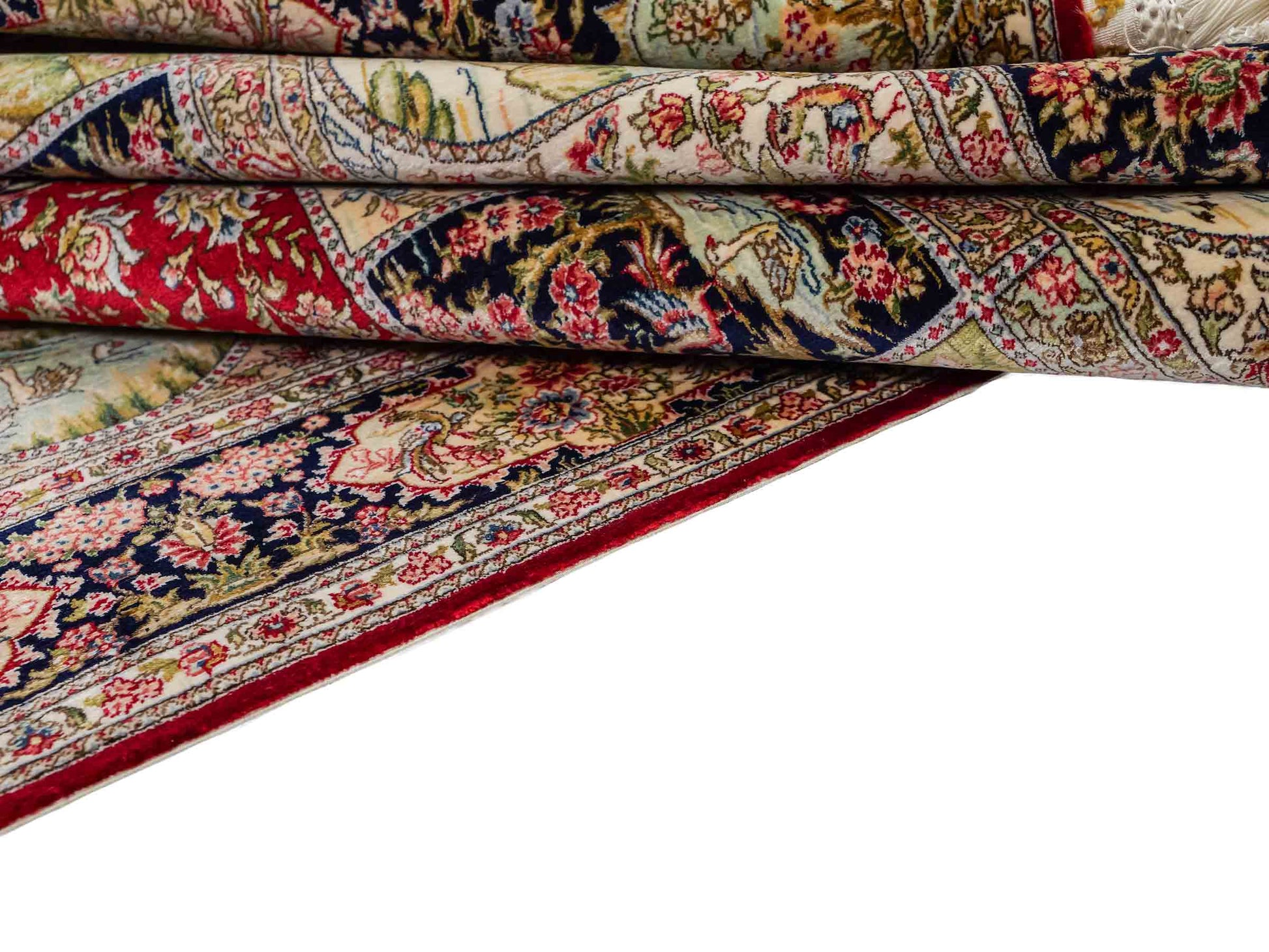 Extrem feiner, handgeknüpfter Khademi Ghom Orientteppich aus Seide, rot, blau, multicolor. 155x93 cm. Vertrieb durch Jupiter Intl.