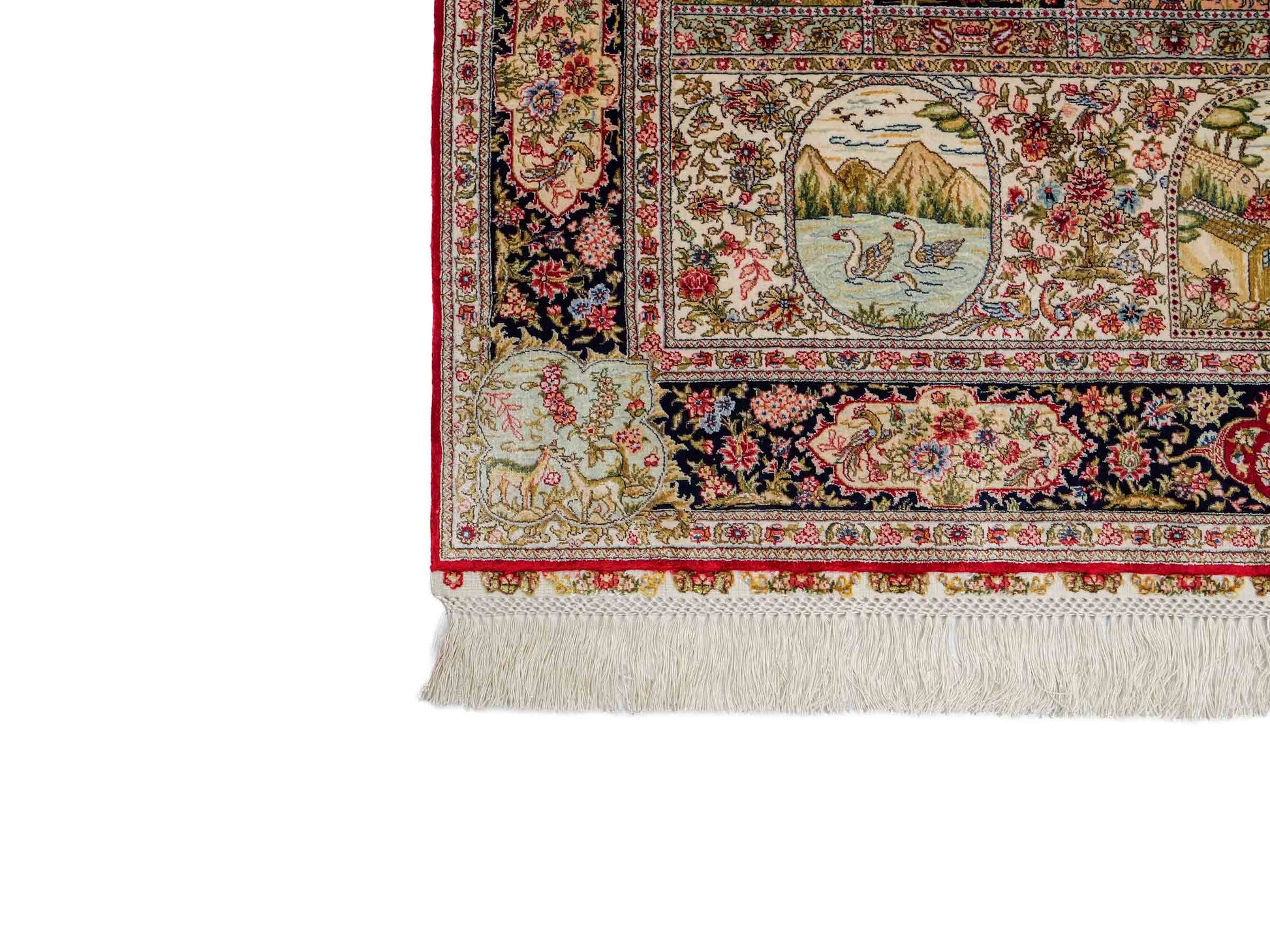 Extrem feiner, handgeknüpfter Khademi Ghom Orientteppich aus Seide, rot, blau, multicolor. 155x93 cm. Vertrieb durch Jupiter Intl.
