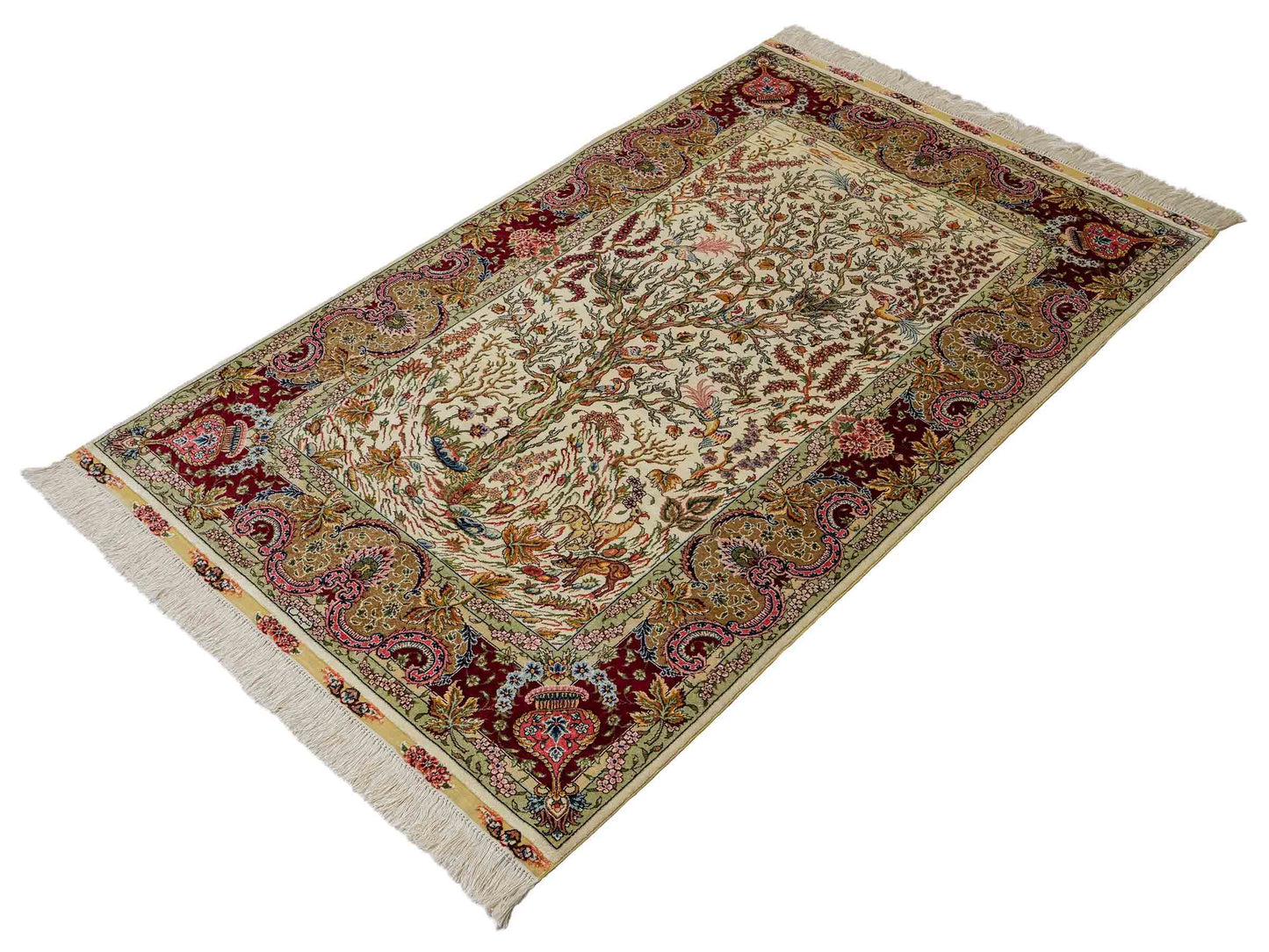 Sehr feiner, handgeknüpfter Khademi Orientteppich mit Ghom Design aus reiner Seide, gold, creme, rot, weiß. 155x94 cm. Vertrieb durch Jupiter Intl.