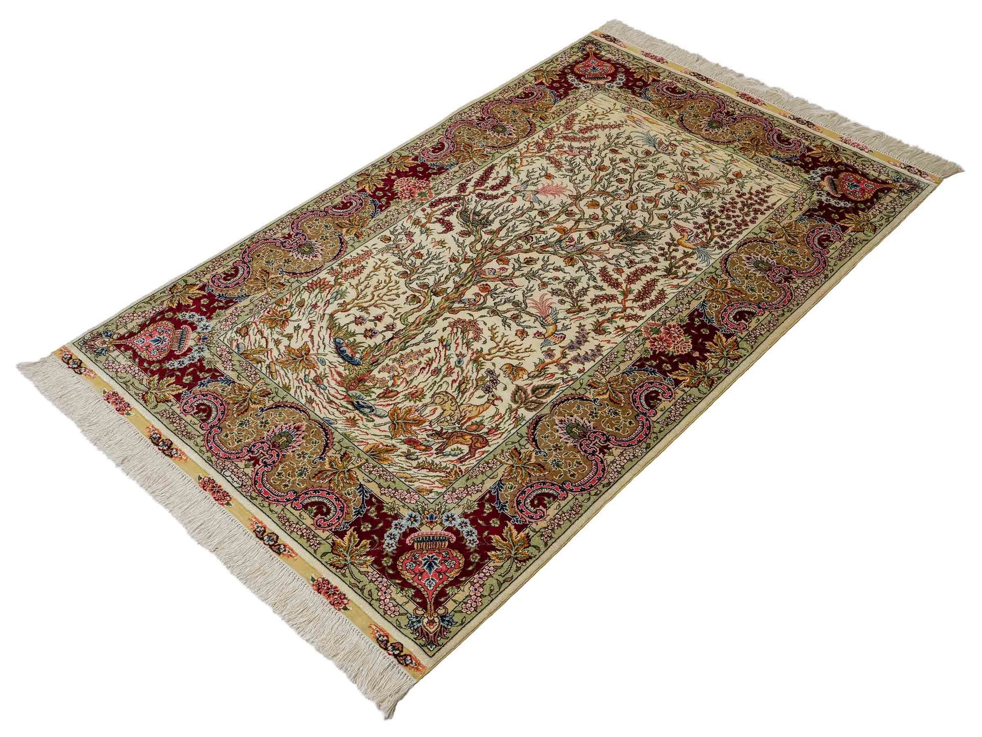 Sehr feiner, handgeknüpfter Khademi Orientteppich mit Ghom Design aus reiner Seide, gold, creme, rot, weiß. 155x94 cm. Vertrieb durch Jupiter Intl.