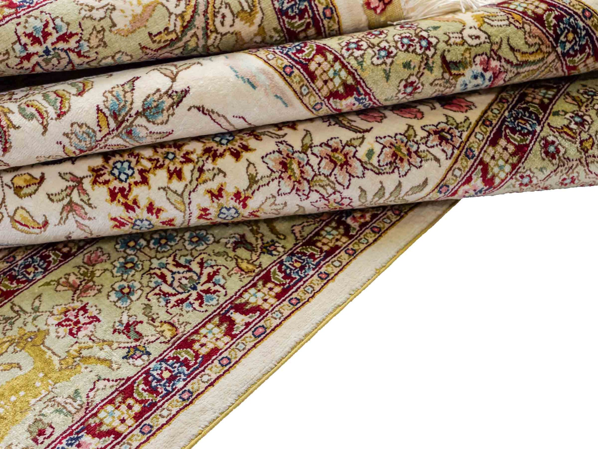 Sehr feiner, handgeknüpfter Khademi Orientteppich mit Ghom  Design aus reiner Seide, creme, weiß, beige. 155x95 cm. Vertrieb durch Jupiter Intl.