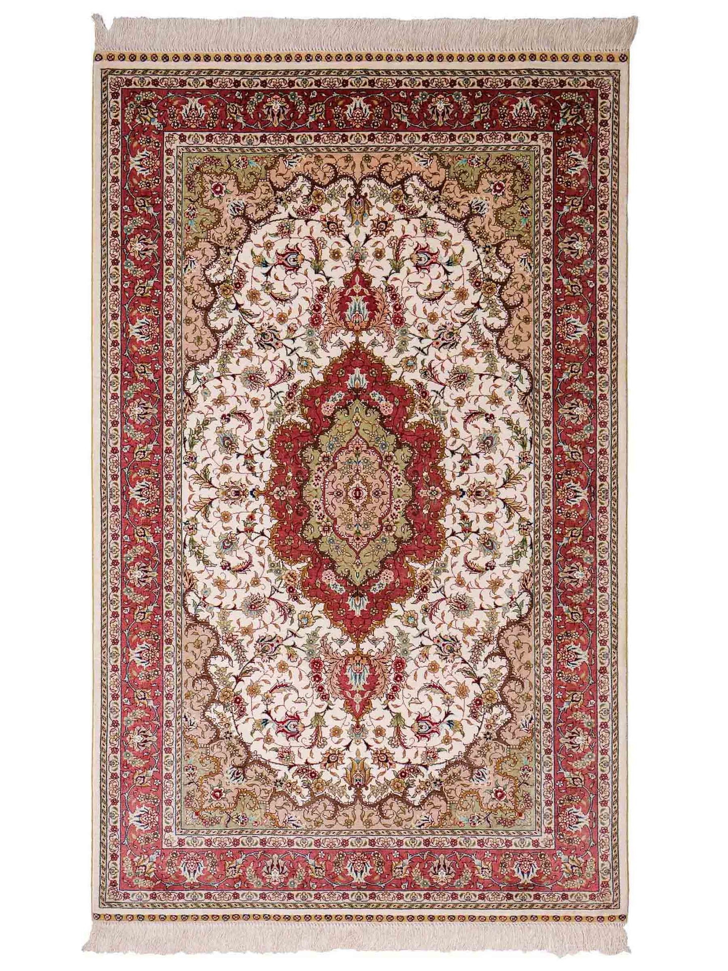 Sehr feiner, handgeknüpfter Khademi Orientteppich mit Ghom Design aus Seide, creme, rosa. 156x94 cm. Vertrieb durch Jupiter Intl.