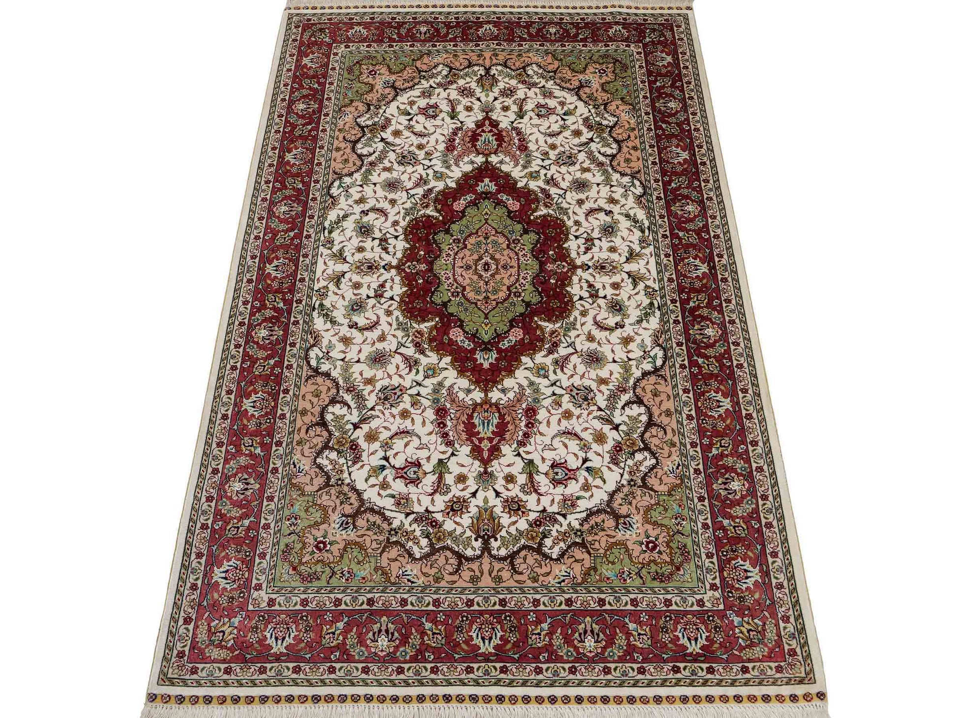 Sehr feiner, handgeknüpfter Khademi Orientteppich mit Ghom Design aus Seide, creme, rosa. 156x94 cm. Vertrieb durch Jupiter Intl.