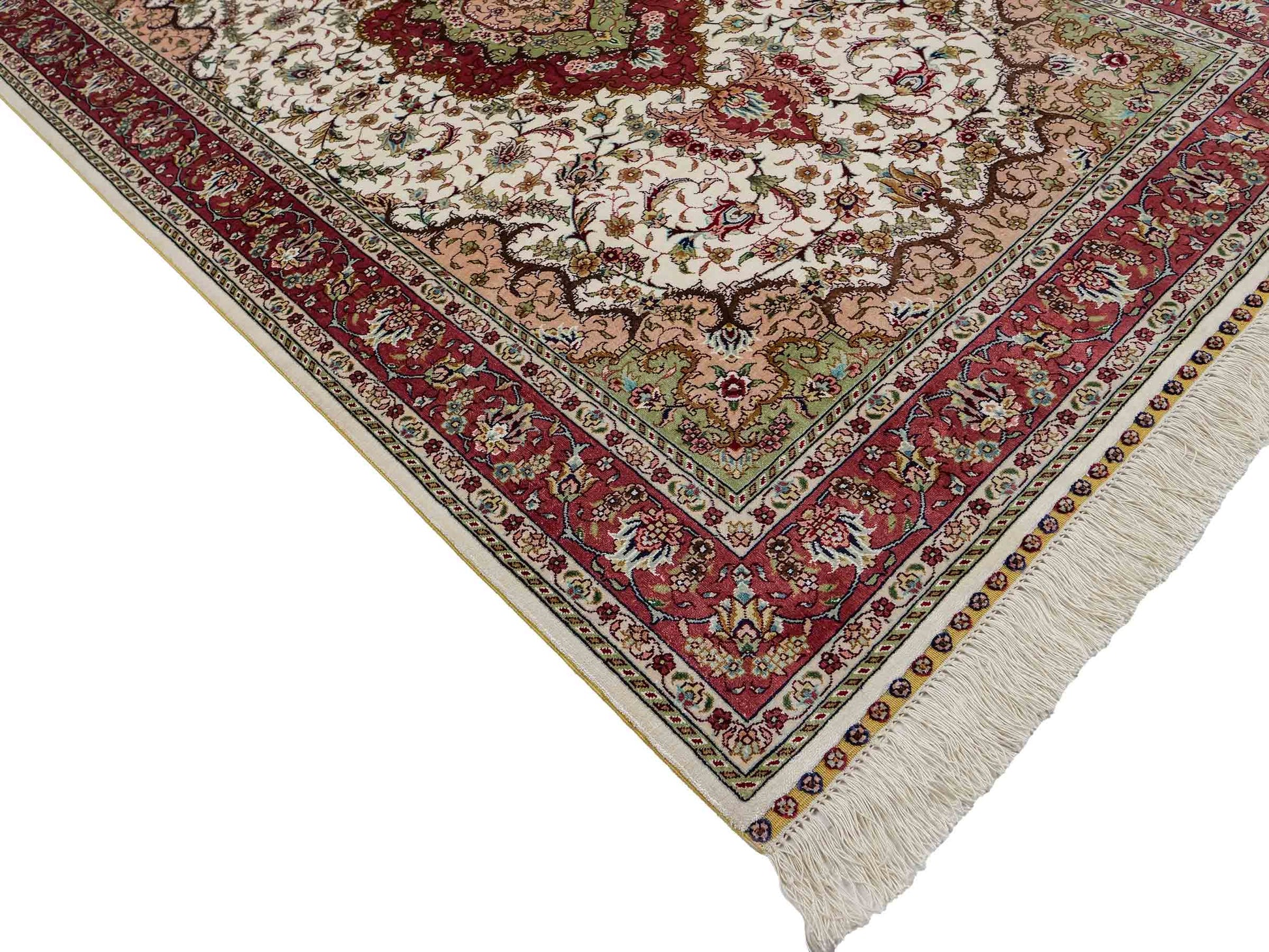 Sehr feiner, handgeknüpfter Khademi Orientteppich mit Ghom Design aus Seide, creme, rosa. 156x94 cm. Vertrieb durch Jupiter Intl.
