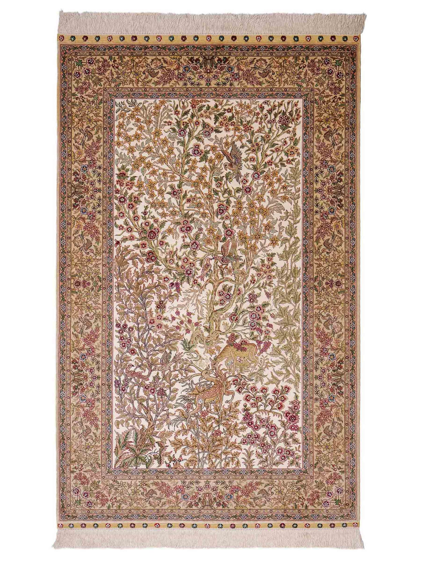 Sehr feiner, handgeknüpfter Khademi Orientteppich mit Ghom Design aus reiner Seide, creme, weiß, beige. 156x94 cm. Vertrieb durch Jupiter Intl.