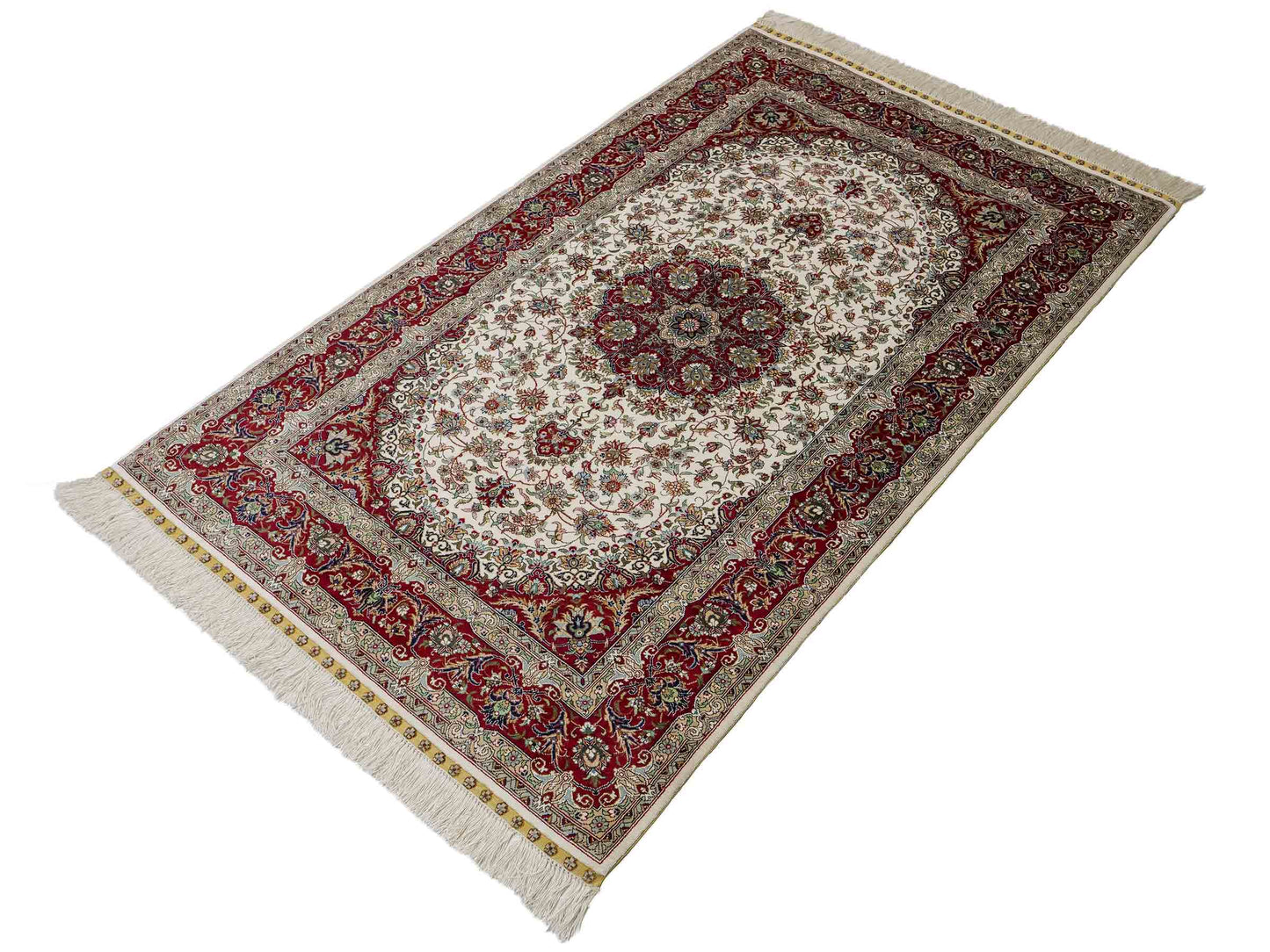 Sehr feiner, handgeknüpfter Khademi Orientteppich mit Ghom Design aus reiner Seide, creme, weiß, rot. 157x94 cm. Vertrieb durch Jupiter Intl.
