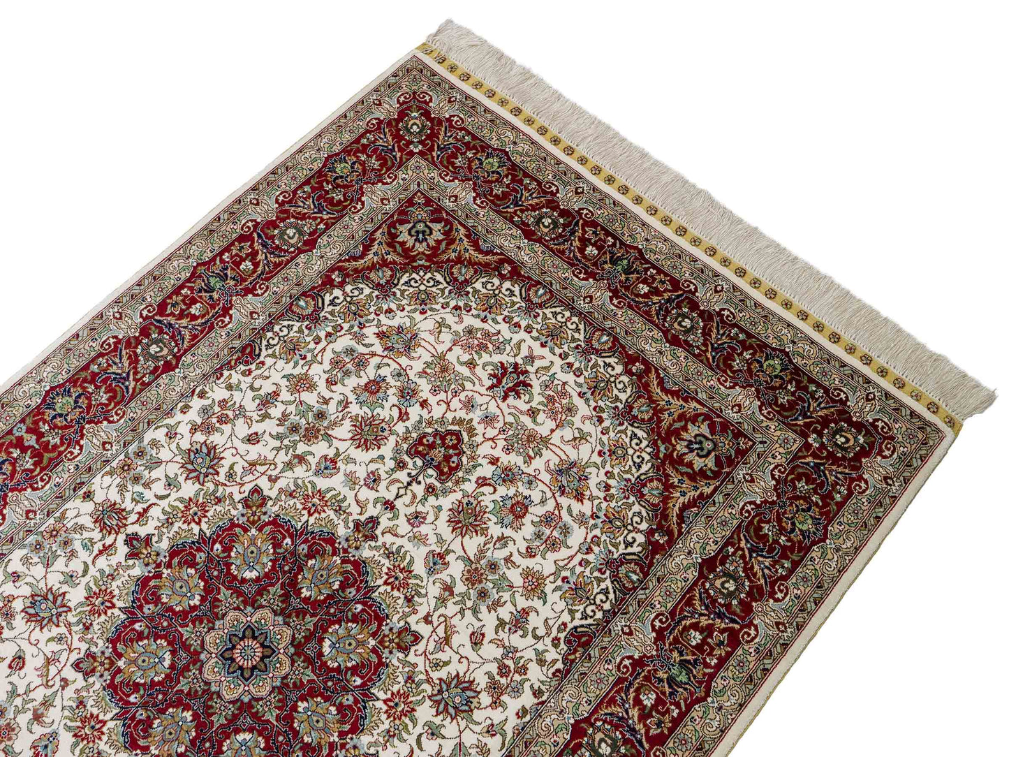 Sehr feiner, handgeknüpfter Khademi Orientteppich mit Ghom Design aus reiner Seide, creme, weiß, rot. 157x94 cm. Vertrieb durch Jupiter Intl.