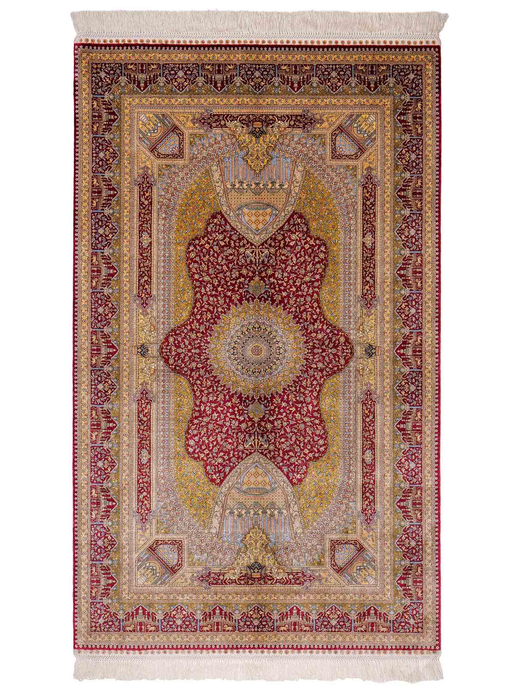 Extrem feiner, handgeknüpfter Khademi Ghom Orientteppich aus Seide, rot, gold. 159x93 cm. Vertrieb durch Jupiter Intl.