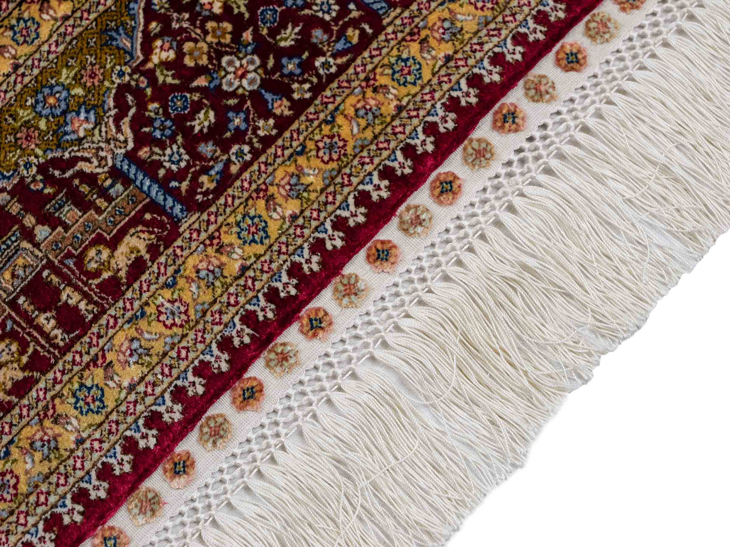 Extrem feiner, handgeknüpfter Khademi Ghom Orientteppich aus Seide, rot, gold. 159x93 cm. Vertrieb durch Jupiter Intl.