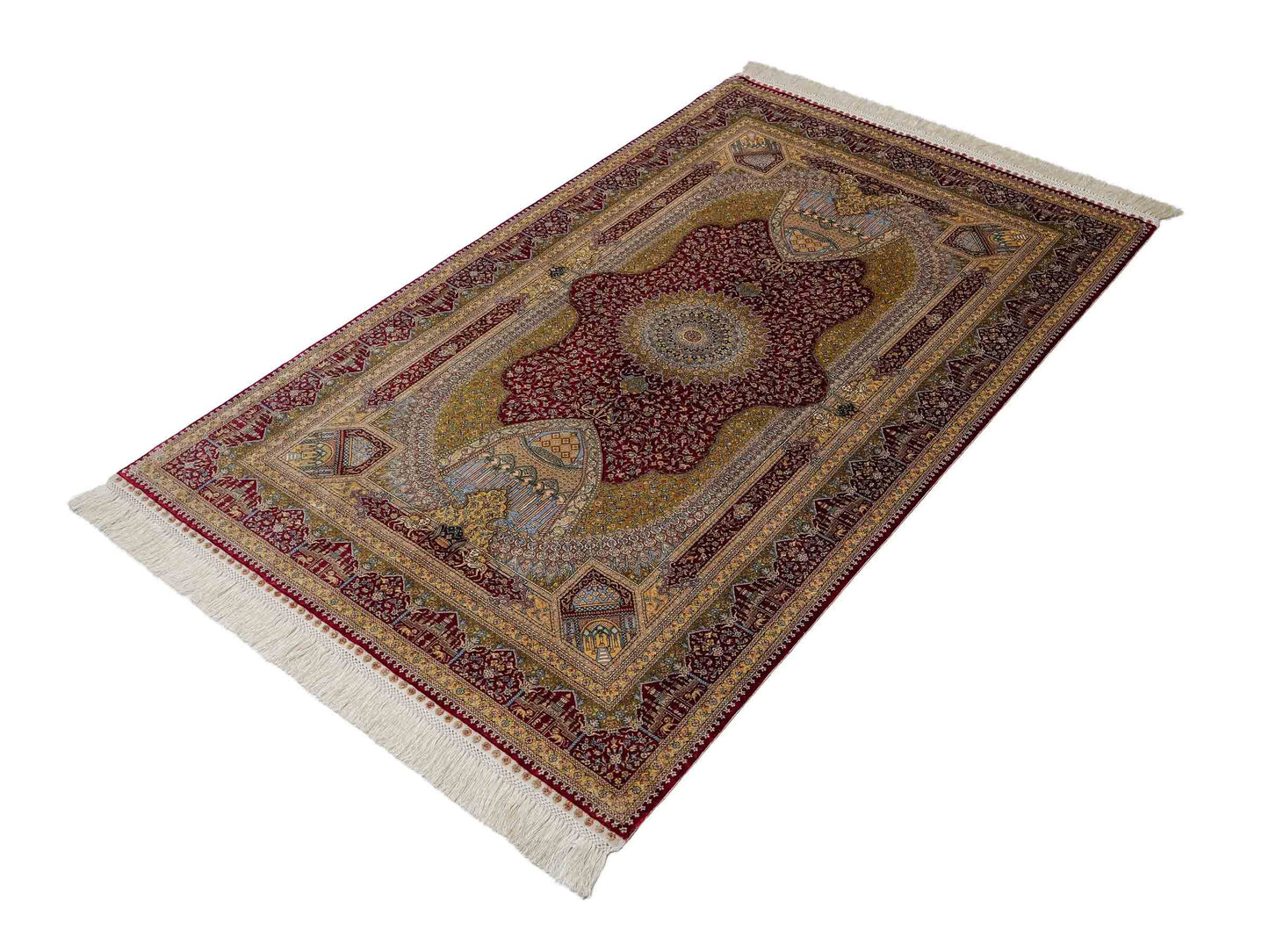 Extrem feiner, handgeknüpfter Khademi Ghom Orientteppich aus Seide, rot, gold. 159x93 cm. Vertrieb durch Jupiter Intl.
