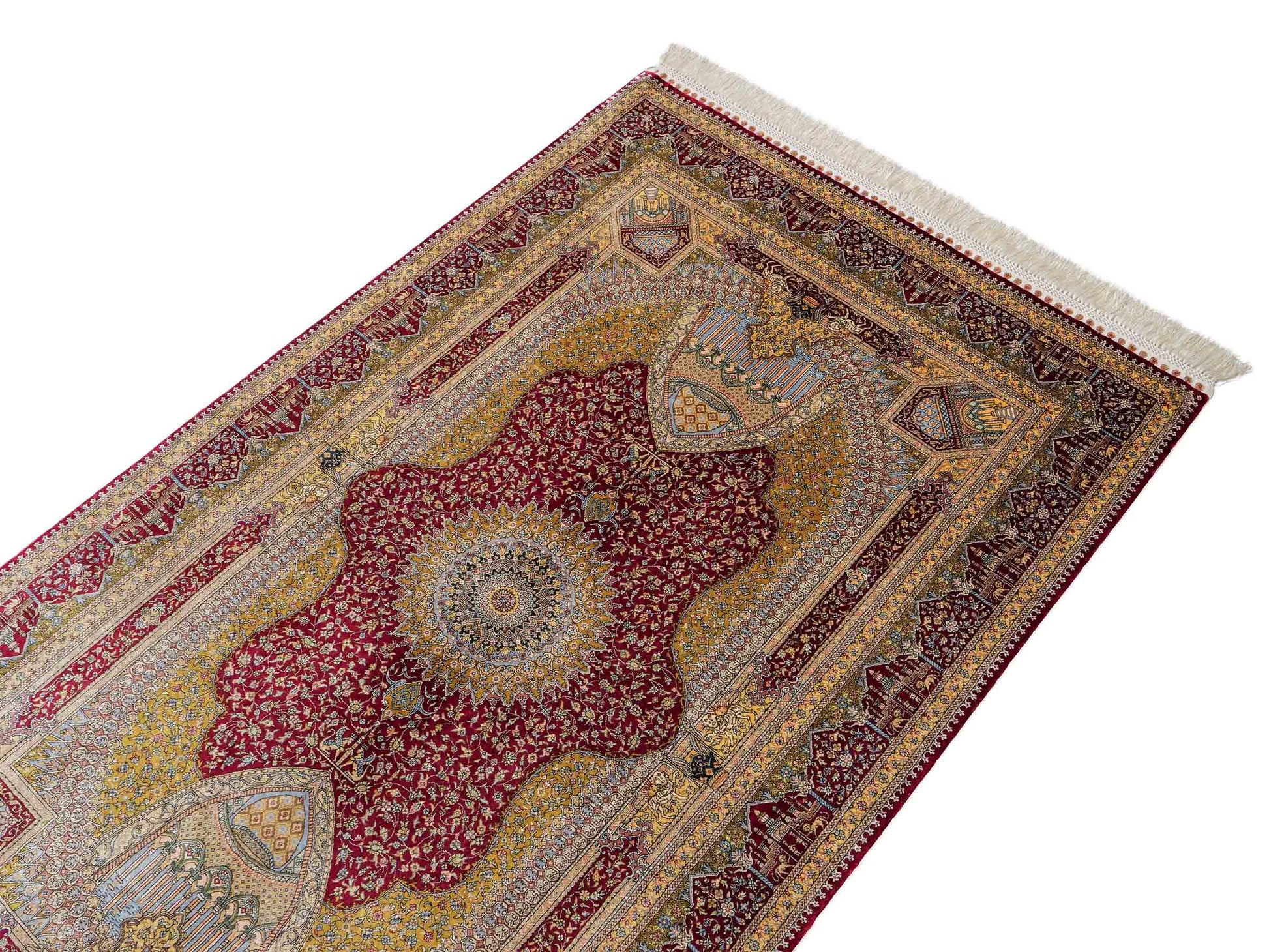Extrem feiner, handgeknüpfter Khademi Ghom Orientteppich aus Seide, rot, gold. 159x93 cm. Vertrieb durch Jupiter Intl.