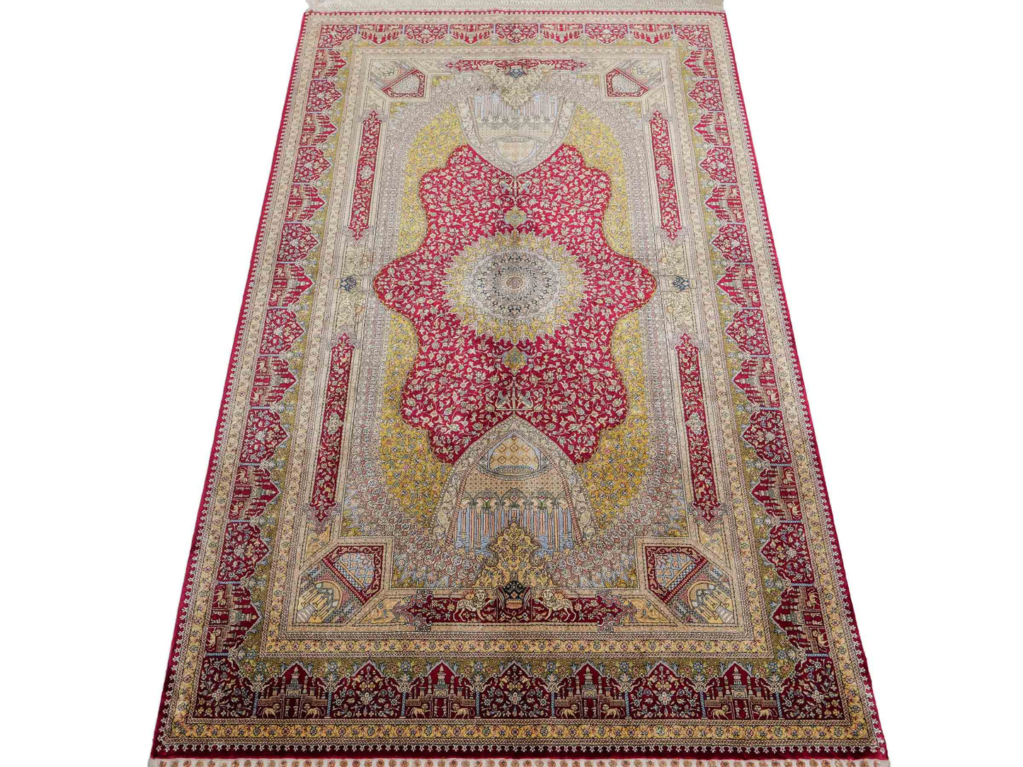 Extrem feiner, handgeknüpfter Khademi Ghom Orientteppich aus Seide, rot, gold. 159x93 cm. Vertrieb durch Jupiter Intl.