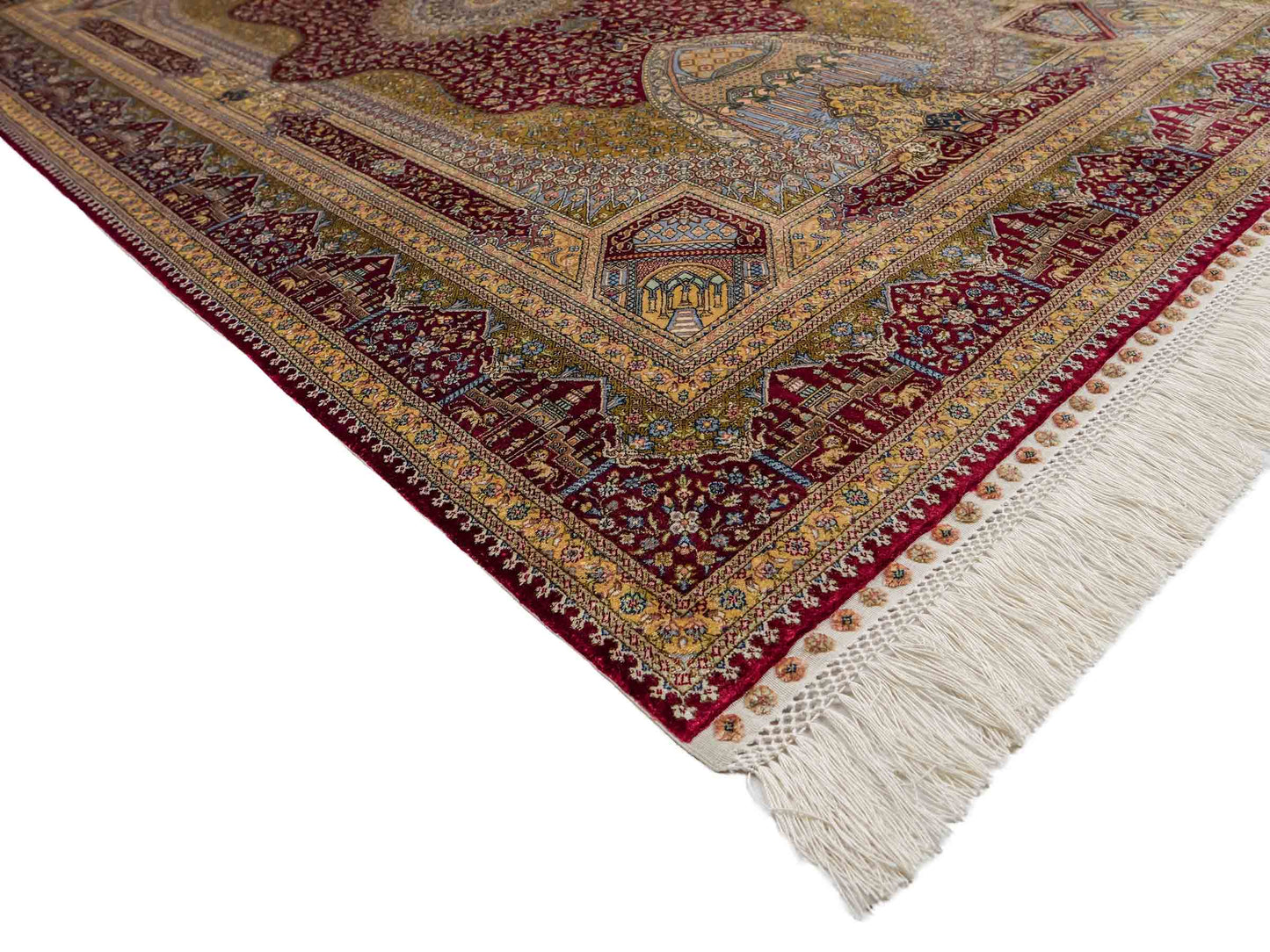 Extrem feiner, handgeknüpfter Khademi Ghom Orientteppich aus Seide, rot, gold. 159x93 cm. Vertrieb durch Jupiter Intl.