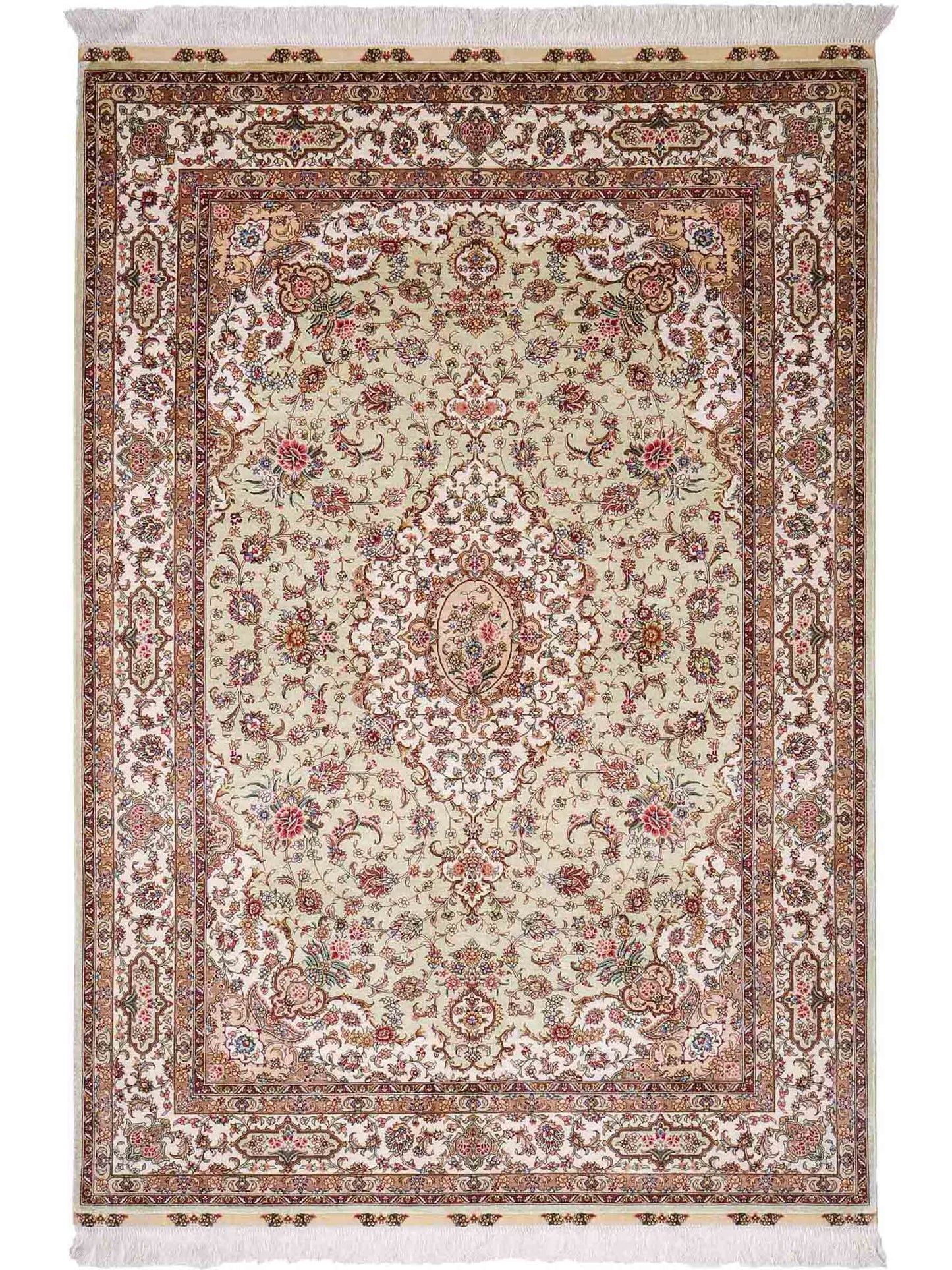 Sehr feiner, handgeknüpfter Khademi Orientteppich mit Ghom Design aus reiner Seide, grün, pistazie, creme, weiß. 183x124 cm. Vertrieb durch Jupiter Intl.