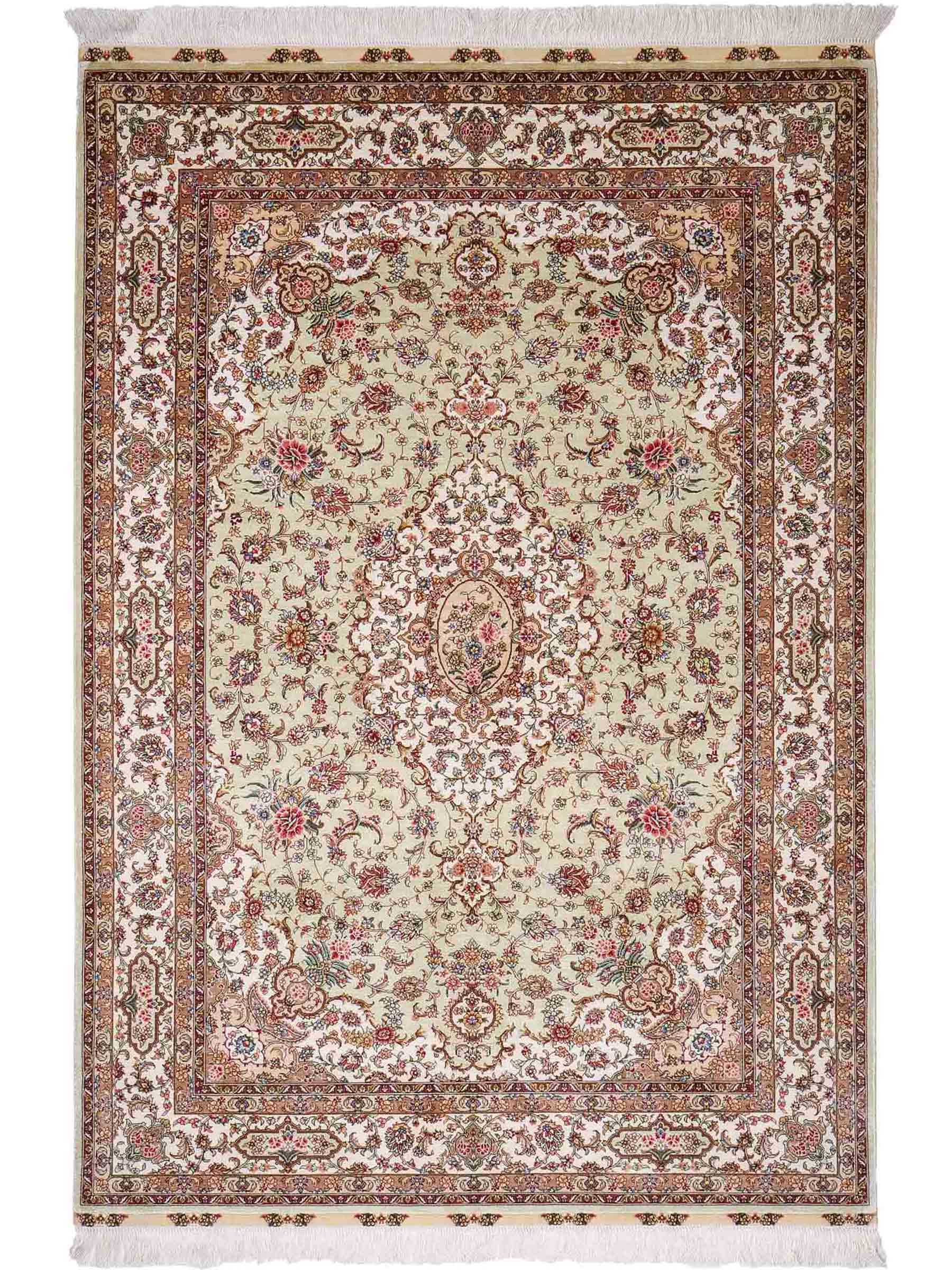 Sehr feiner, handgeknüpfter Khademi Orientteppich mit Ghom Design aus reiner Seide, grün, pistazie, creme, weiß. 183x124 cm. Vertrieb durch Jupiter Intl.