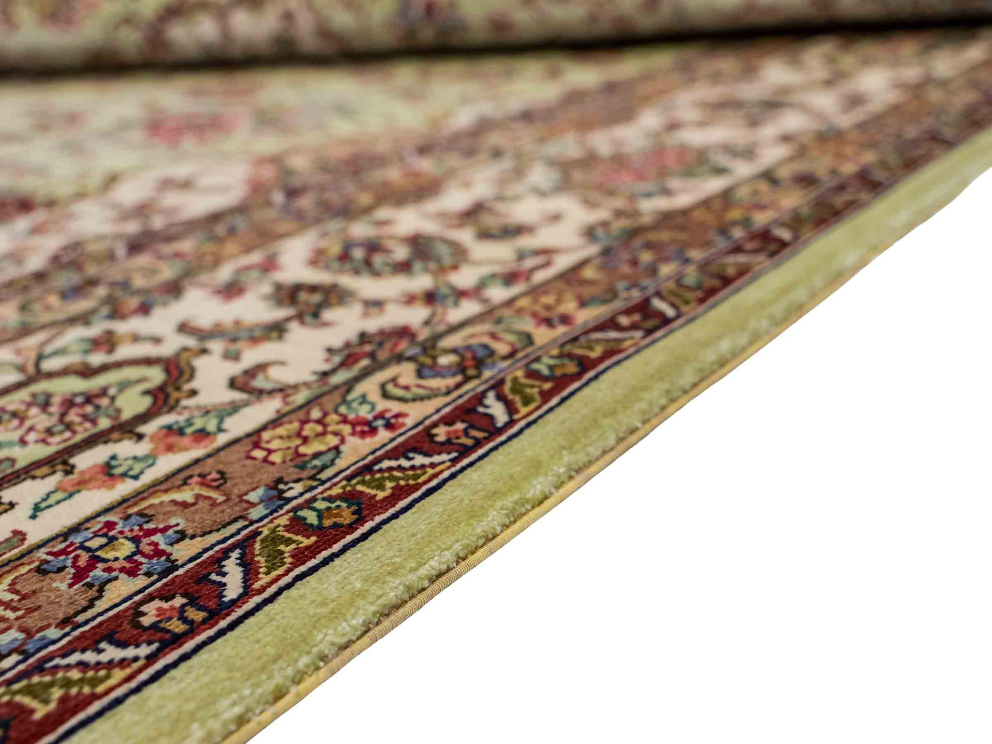 Sehr feiner, handgeknüpfter Khademi Orientteppich mit Ghom Design aus reiner Seide, grün, pistazie, creme, weiß. 183x124 cm. Vertrieb durch Jupiter Intl.