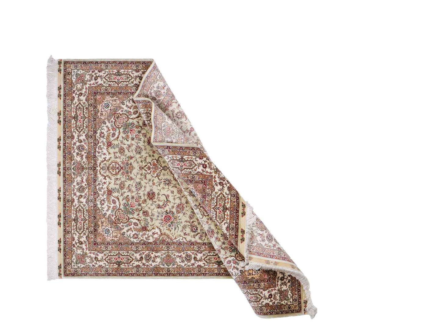 Sehr feiner, handgeknüpfter Khademi Orientteppich mit Ghom Design aus reiner Seide, grün, pistazie, creme, weiß. 183x124 cm. Vertrieb durch Jupiter Intl.
