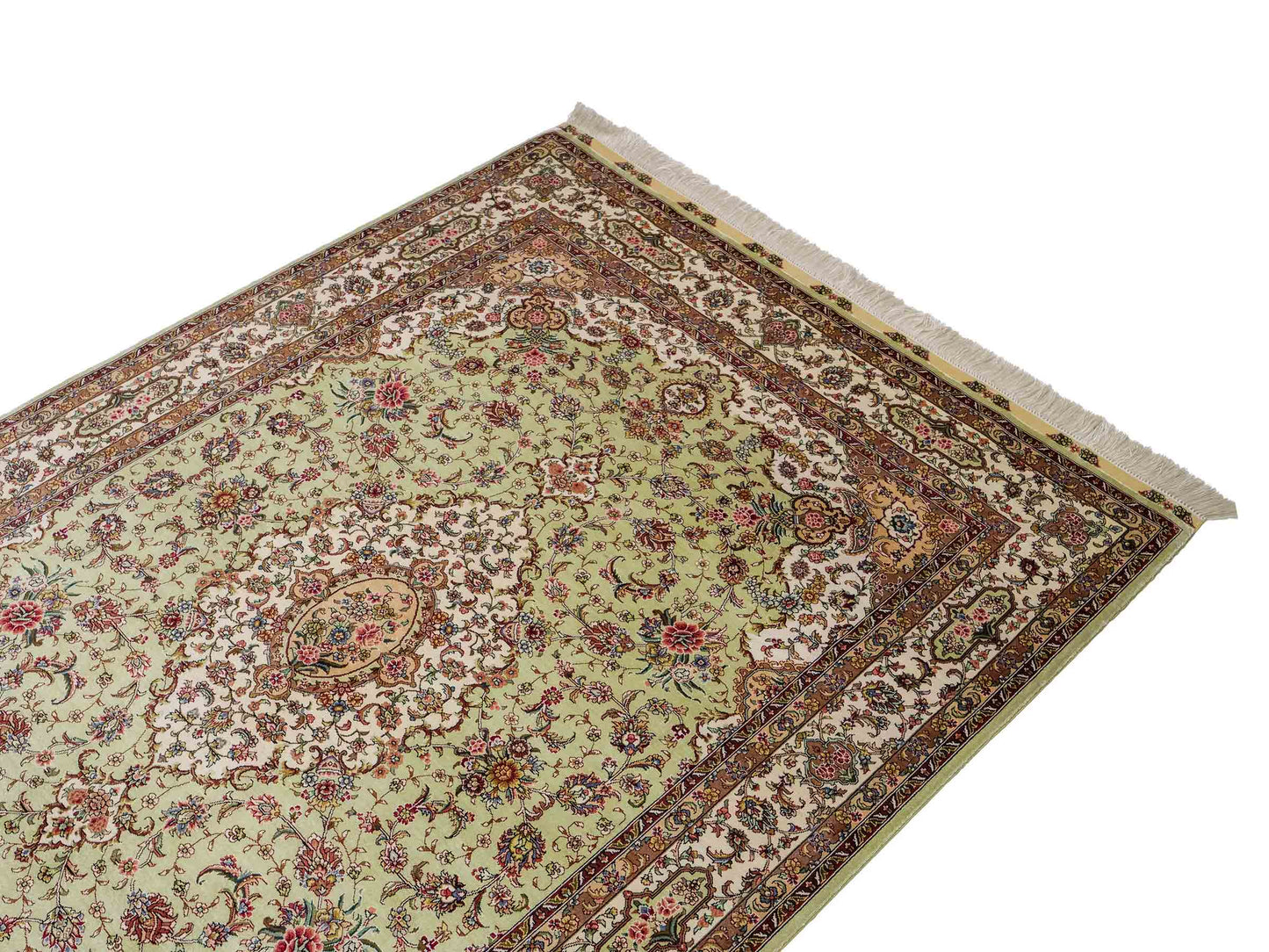 Sehr feiner, handgeknüpfter Khademi Orientteppich mit Ghom Design aus reiner Seide, grün, pistazie, creme, weiß. 183x124 cm. Vertrieb durch Jupiter Intl.