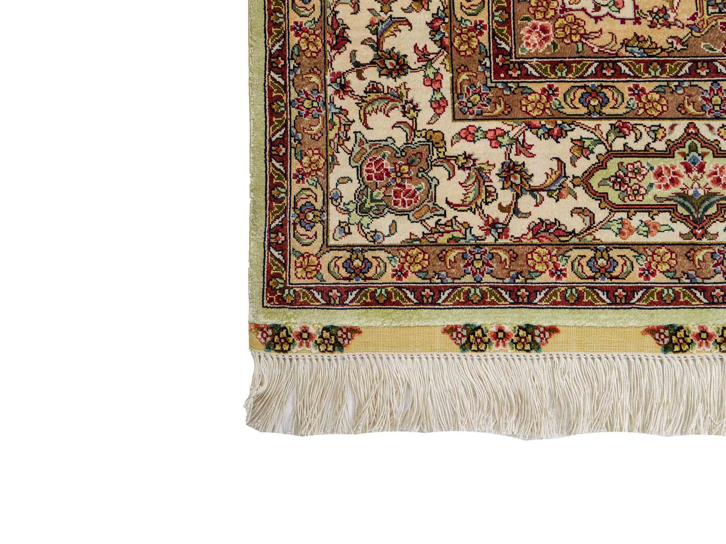 Sehr feiner, handgeknüpfter Khademi Orientteppich mit Ghom Design aus reiner Seide, grün, pistazie, creme, weiß. 183x124 cm. Vertrieb durch Jupiter Intl.