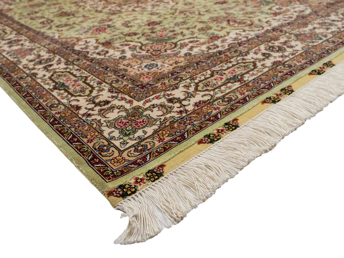 Sehr feiner, handgeknüpfter Khademi Orientteppich mit Ghom Design aus reiner Seide, grün, pistazie, creme, weiß. 183x124 cm. Vertrieb durch Jupiter Intl.