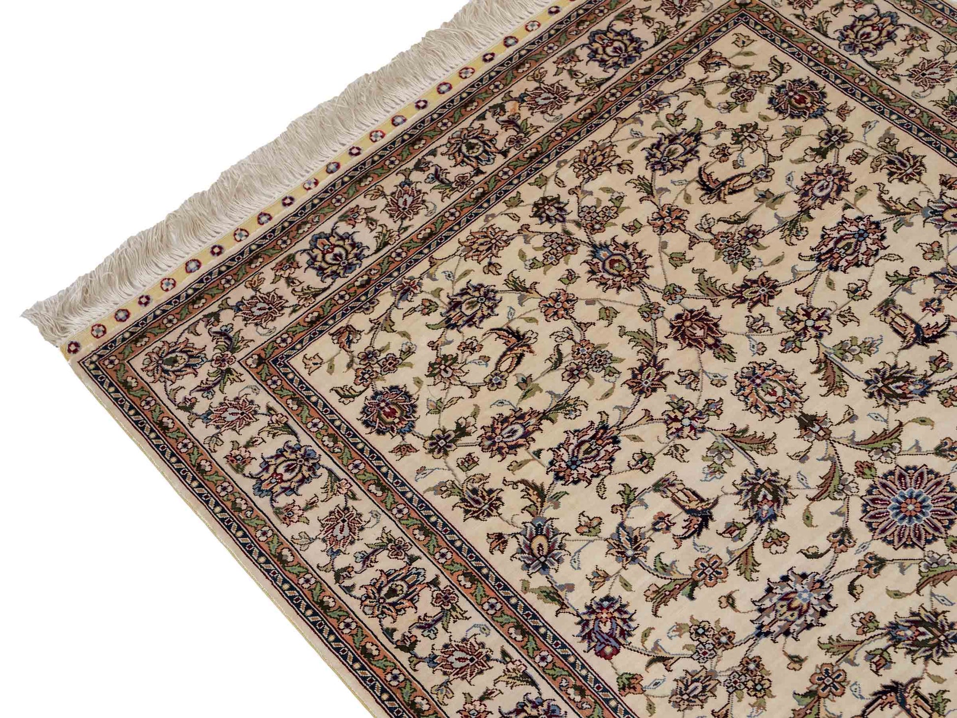 Sehr feiner, handgeknüpfter Khademi Orientteppich mit Ghom Design aus purer Seide, weiß, creme. 183x78 cm. Vertrieb durch Jupiter Intl.