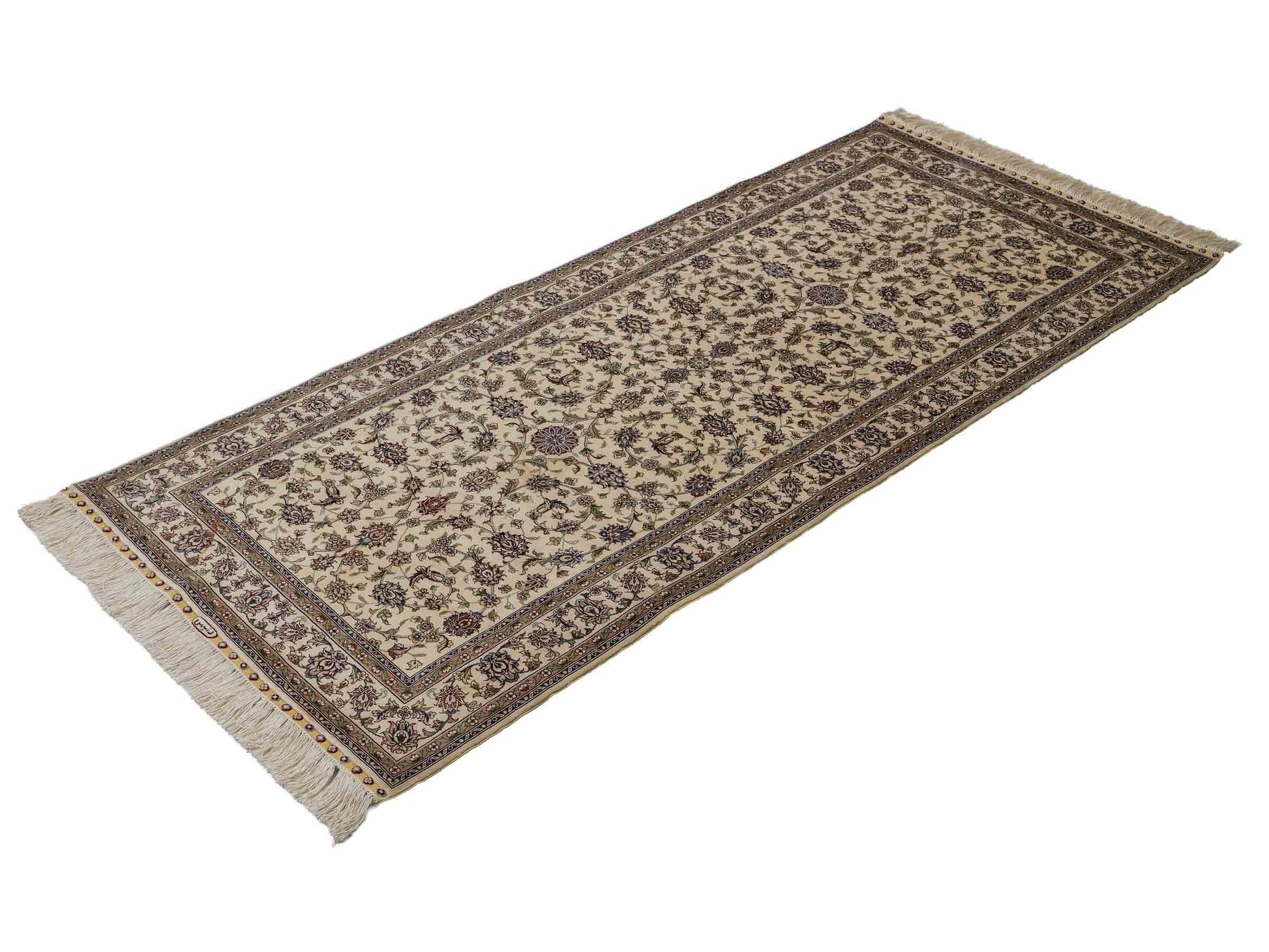 Sehr feiner, handgeknüpfter Khademi Orientteppich mit Ghom Design aus purer Seide, weiß, creme. 183x78 cm. Vertrieb durch Jupiter Intl.