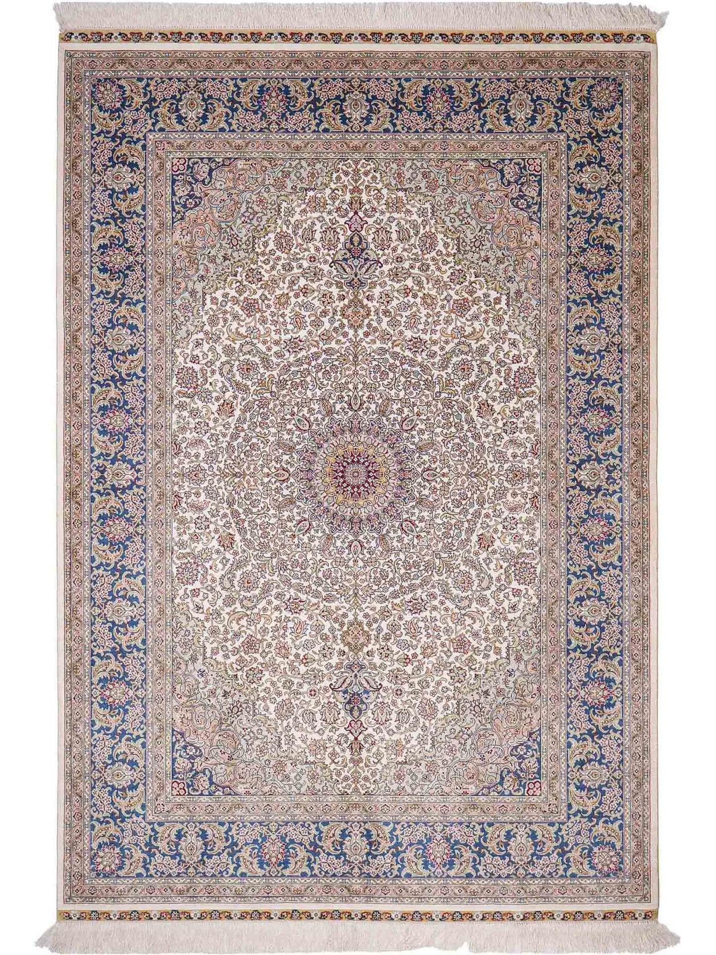 Sehr feiner, handgeknüpfter Khademi Orientteppich mit Ghom Design aus reiner Seide, weiß, creme, blau. 185x126 cm. Vertrieb durch Jupiter Intl.