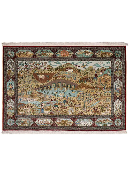 Sehr feiner, handgeknüpfter Khademi Orientteppich mit Ghom Design aus reiner Seide, rot, multicolor. 189x123 cm. Vertrieb durch Jupiter Intl.