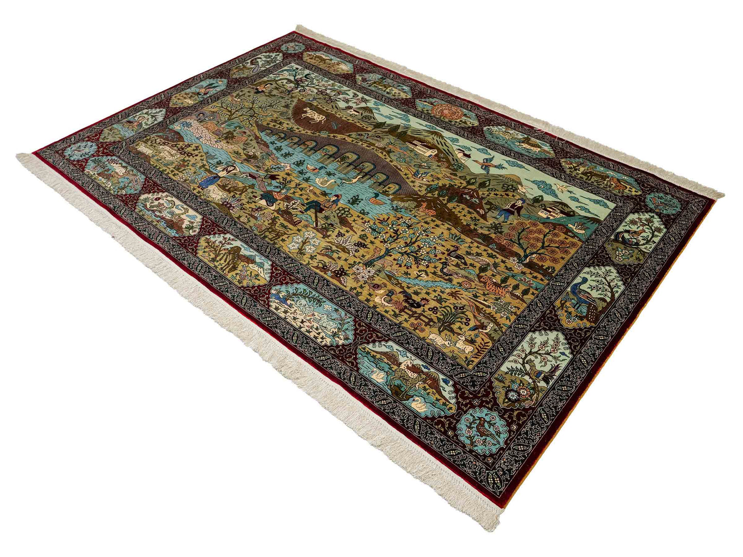 Sehr feiner, handgeknüpfter Khademi Orientteppich mit Ghom Design aus reiner Seide, rot, multicolor. 189x124 cm. Vertrieb durch Jupiter Intl.