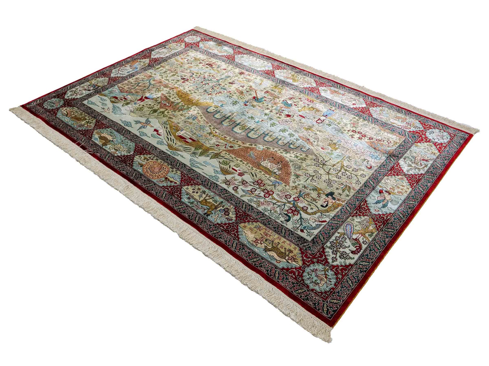 Sehr feiner, handgeknüpfter Khademi Orientteppich mit Ghom Design aus reiner Seide, rot, multicolor. 189x124 cm. Vertrieb durch Jupiter Intl.