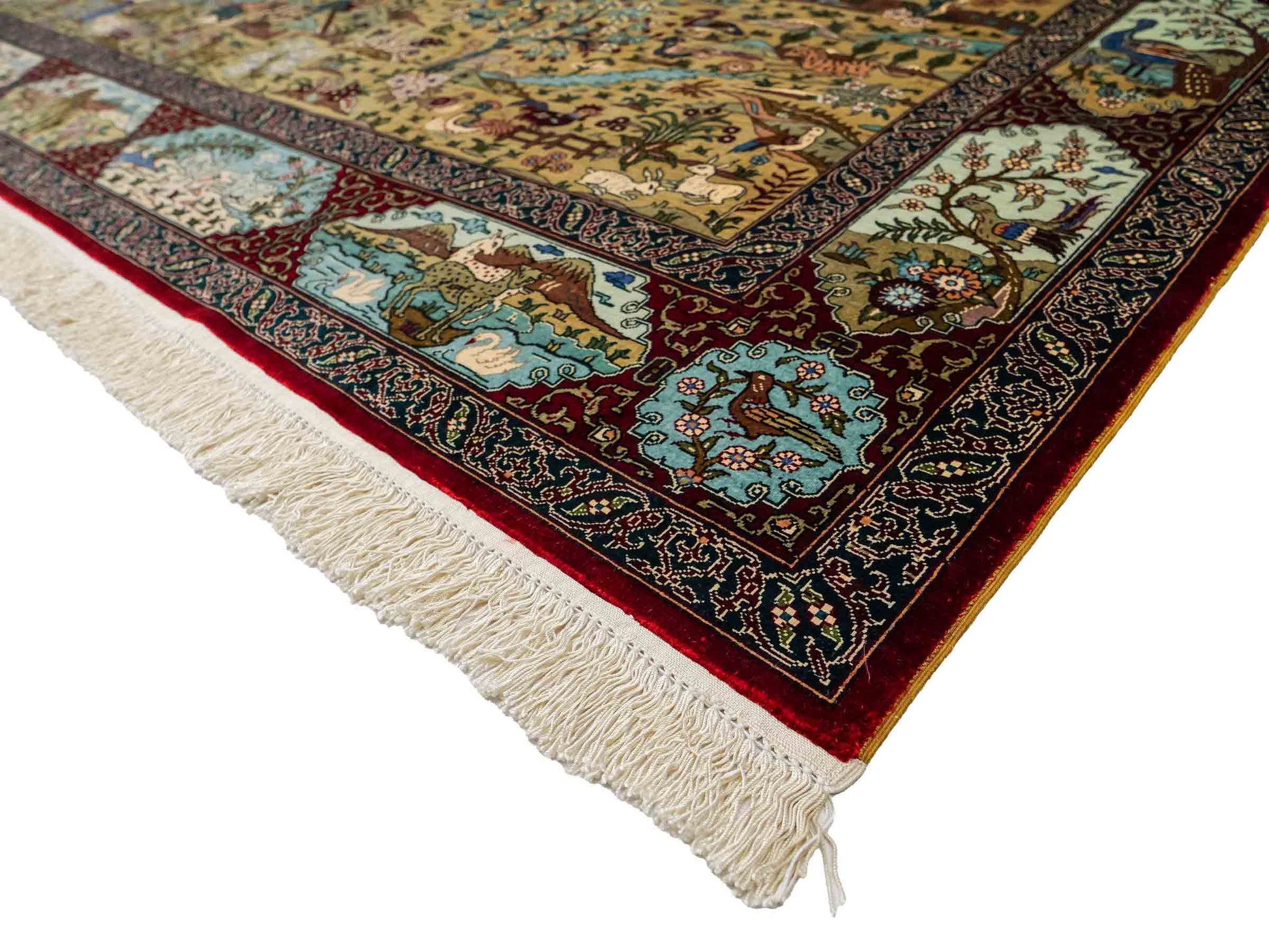 Sehr feiner, handgeknüpfter Khademi Orientteppich mit Ghom Design aus reiner Seide, rot, multicolor. 189x124 cm. Vertrieb durch Jupiter Intl.