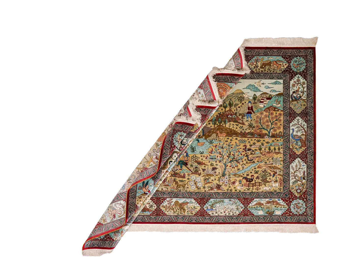 Sehr feiner, handgeknüpfter Khademi Orientteppich mit Ghom Design aus reiner Seide, rot, multicolor. 189x125 cm. Vertrieb durch Jupiter Intl.