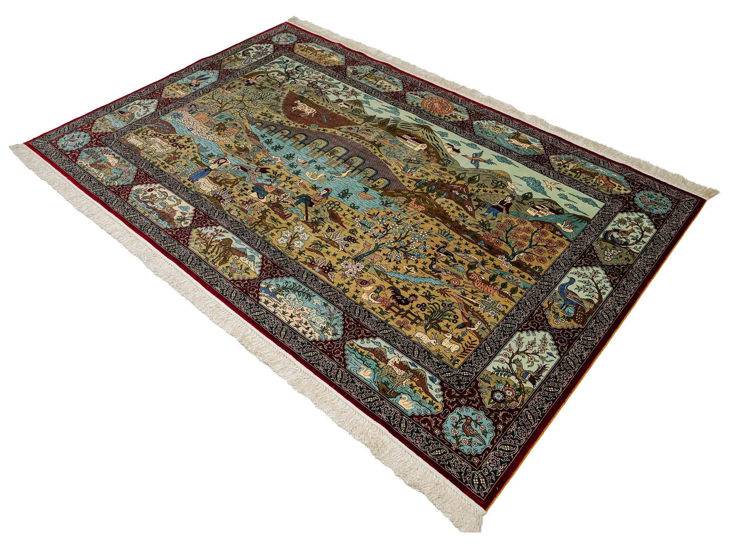 Sehr feiner, handgeknüpfter Khademi Orientteppich mit Ghom Design aus reiner Seide, rot, multicolor. 189x125 cm. Vertrieb durch Jupiter Intl.